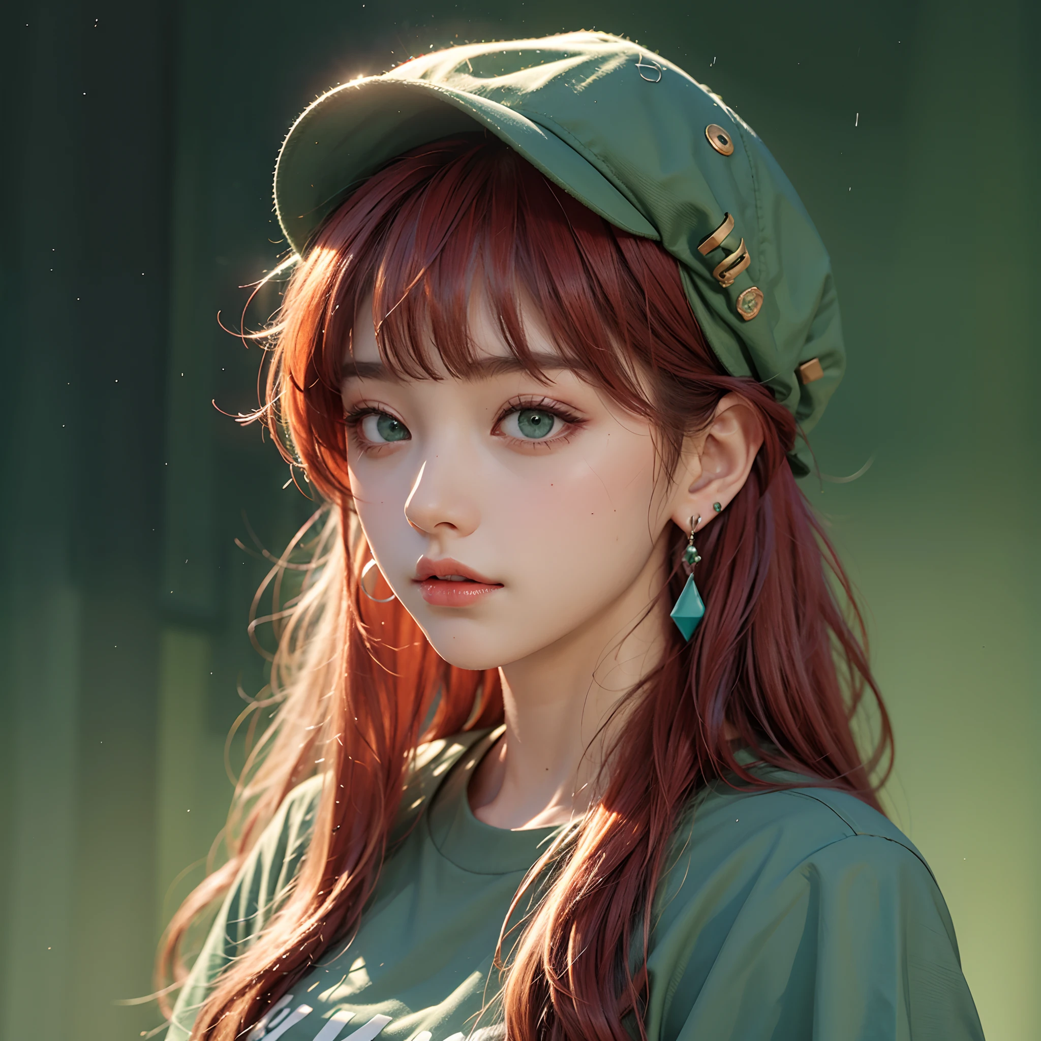 Girl, red long hair, bangs, green eyes, cap, earrings, T-shirt, rain background 5.2 --auto --s2