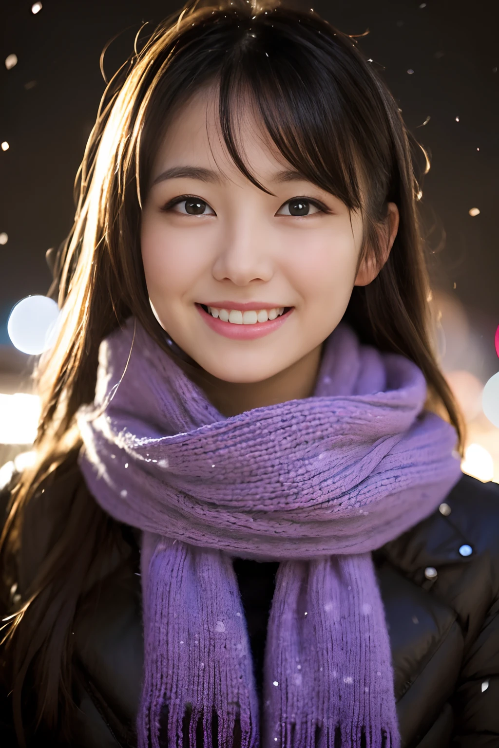 ((Show face only、Close-up of face、no-makeup))、(realisitic、Photorealsitic、ultra-detailliert、Highest Details Skins、top-quality、masterpiece、超A high resolution)、Cute Japan Woman、、hi-school girl、younggirl、1 girl in、I have bangs、二重まぶた、drooing eyes、Large black eyes、Japanese style face、ssmile、Charming、purity、Cute smile、View here、Realistic skin type、Thick muffler、fluffy hair、((Hair is inside the scarf:1.3))、Red cheeks、The wind is blowing、It's snowing、nighttime scene、illuminations、Lighting from behind