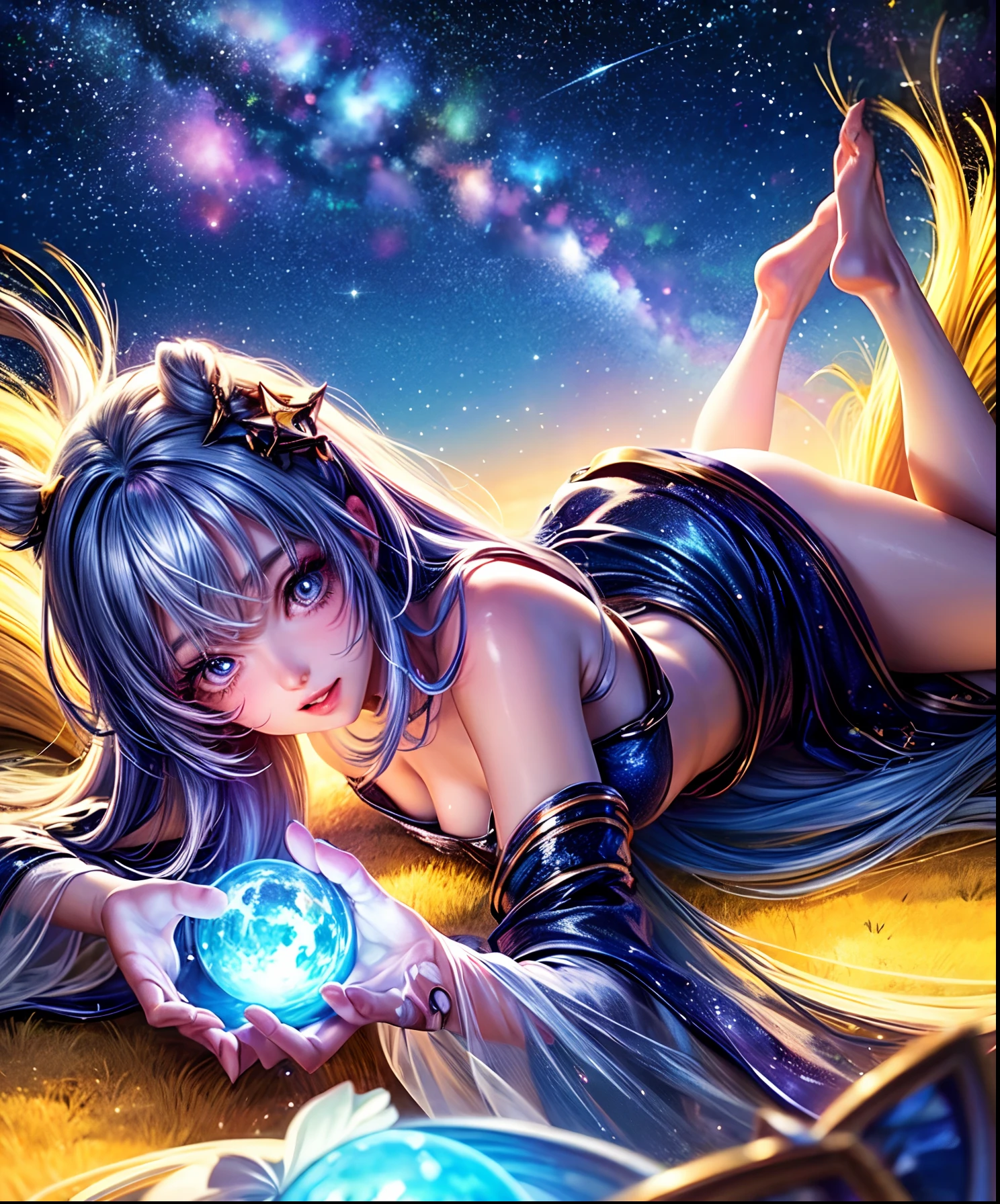 Describe a scene where a cute girl character is lying on a grassy hill, Looking up at the starry sky. Surround her with colorful nebulae and her favorite constellations.
