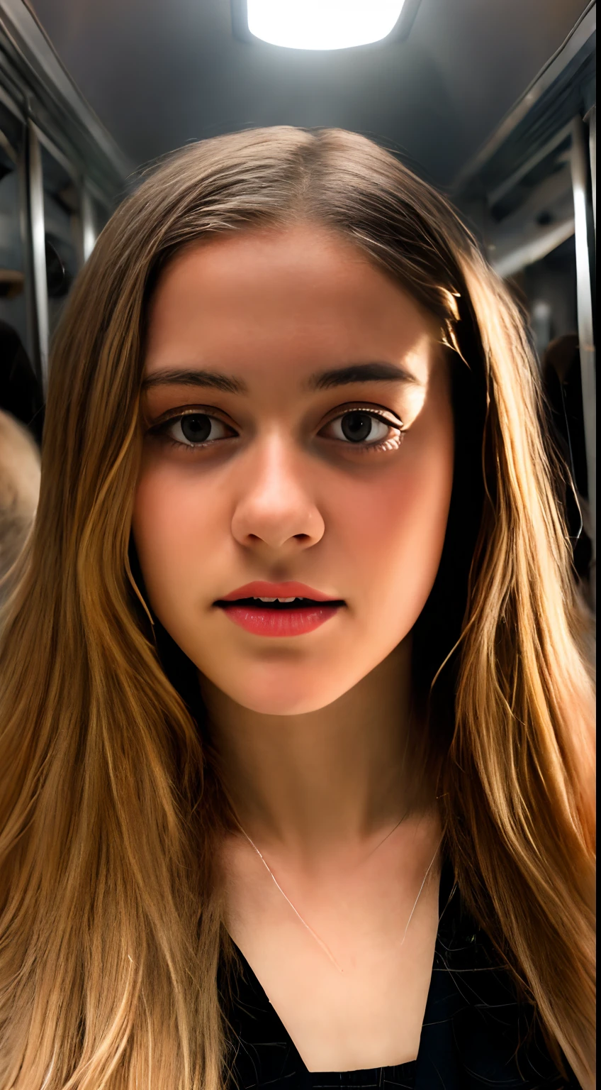 ((16 year old pre-teen girl)), breast to face photo, nude, very light skin, very long hair, busy train car, photorealistic, indirect lighting, volumetric light, ray tracing, hyperdetailed