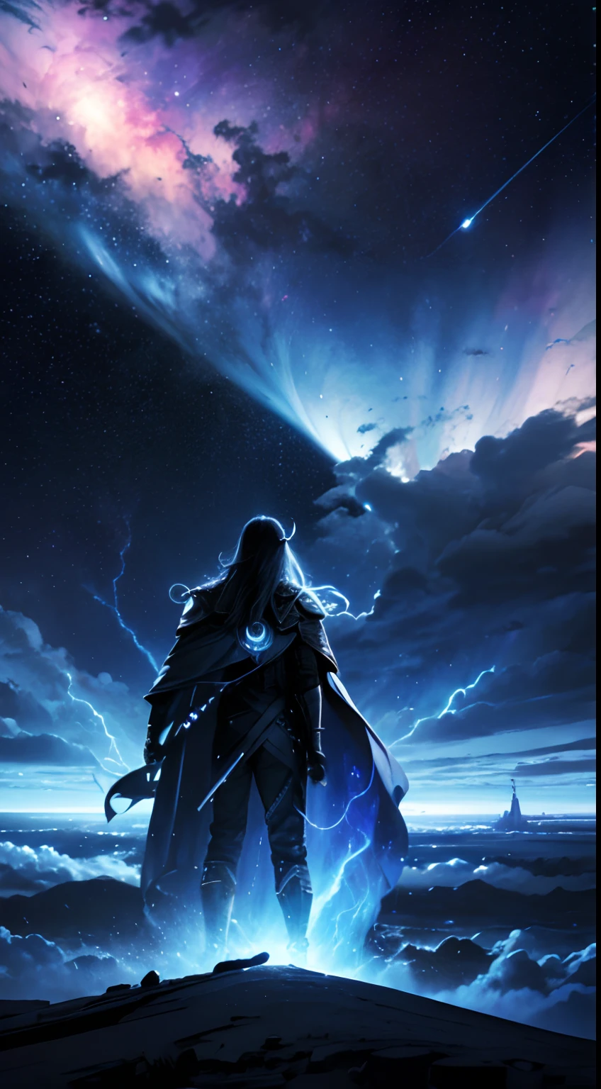 Thor looking at the sky, cosmic Thor all over the sky, stars and clouds, powerful nebula, colorful nebula, dramatic night sky, lightning, glowing blue eyes with thunder, concept art, realistic, 8k wallpaper