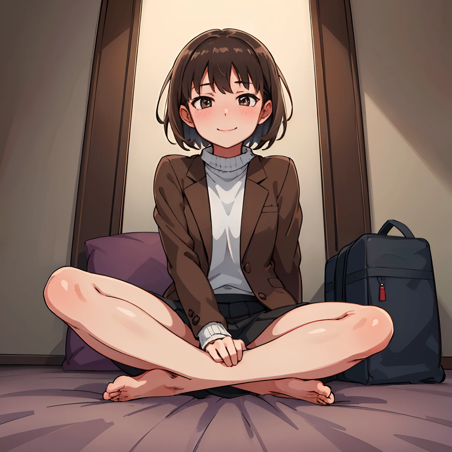 hiquality, tmasterpiece (One adult girl). short brown hair. smile on face. brown eye. The clothes: brown jacket over black sweater. blackskirt. bare feet. In the background of the room