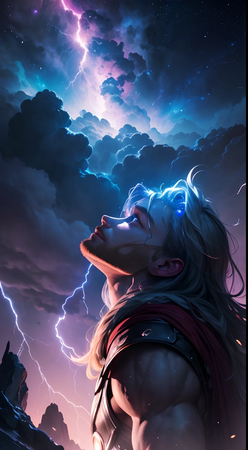 Thor looking at the sky, cosmic Thor all over the sky, stars and clouds, powerful nebula, colorful nebula, dramatic night sky, lightning, glowing blue eyes with thunder, concept art, realistic, 8k wallpaper