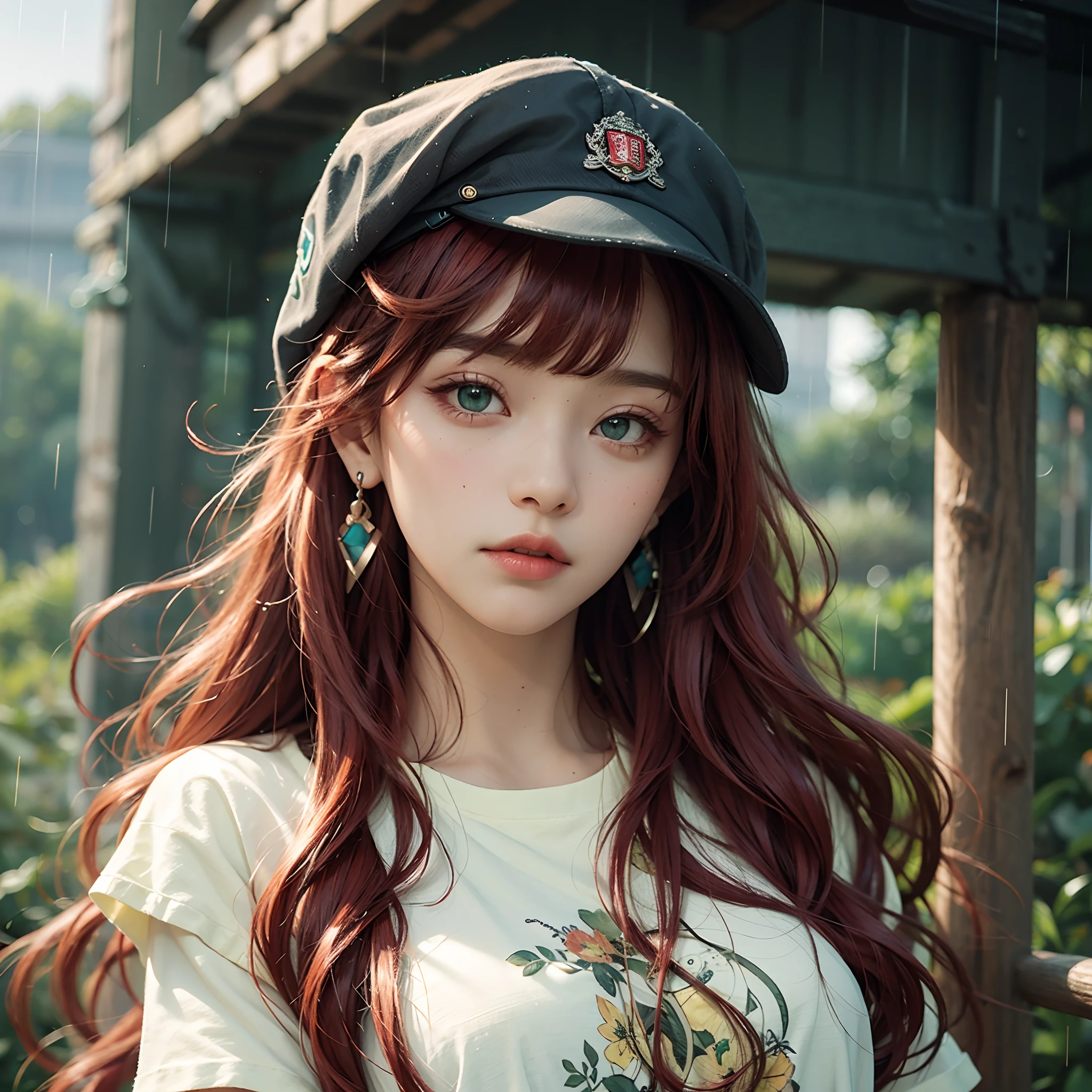 Girl, red long hair, bangs, green eyes, cap, earrings, T-shirt, rain background 5.2 --auto --s2