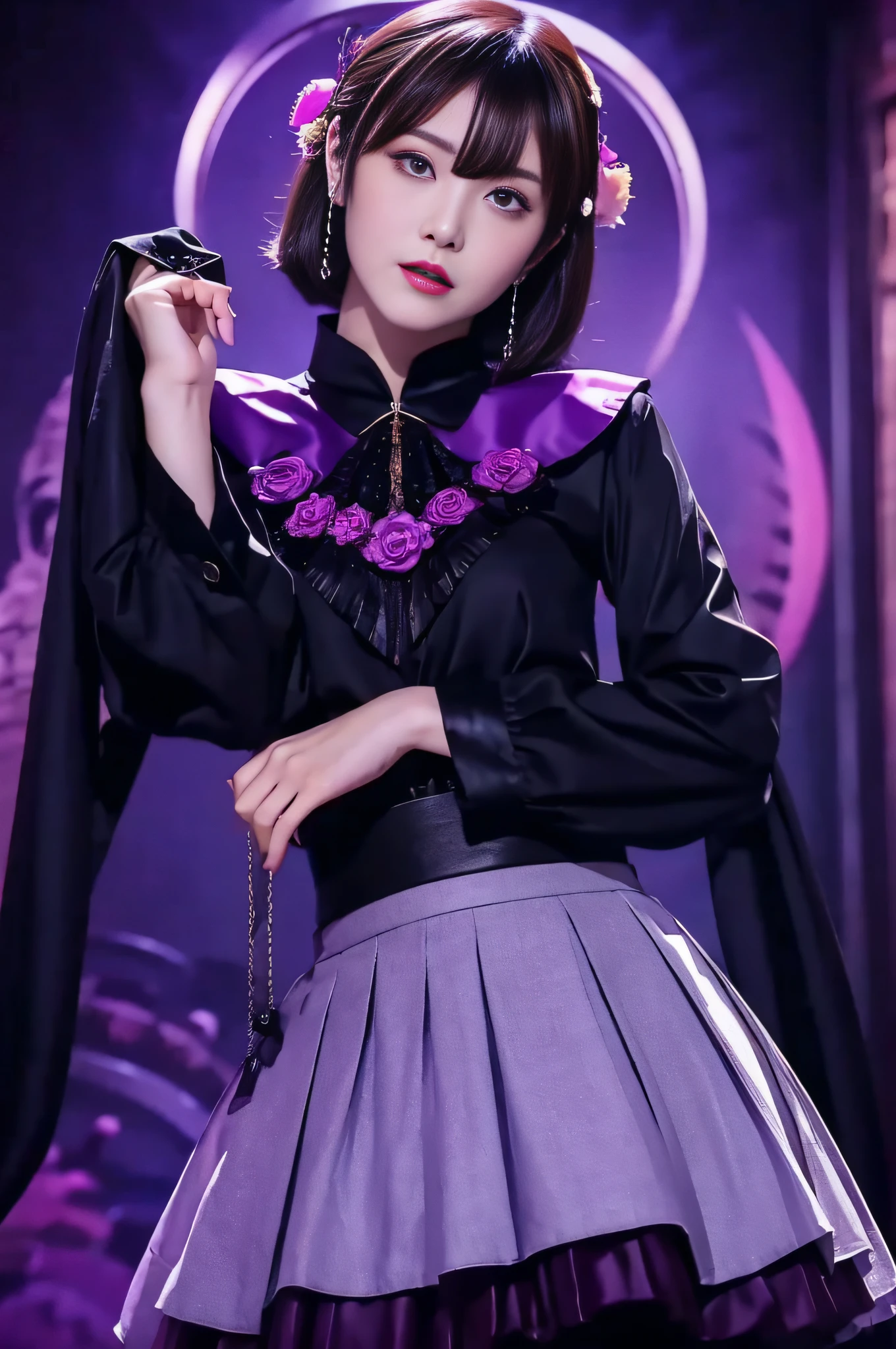 Charming Japanese style beauty、Brown hair、Evil Female Executive、Night city、Move ki、The Darkness、seductiv、brainwash、Retrofit equipment、Evil Fall、wicked、darkness、Purple Eyeshadow、black pantyhose、Evil Bride、Black pleated skirt、Dark