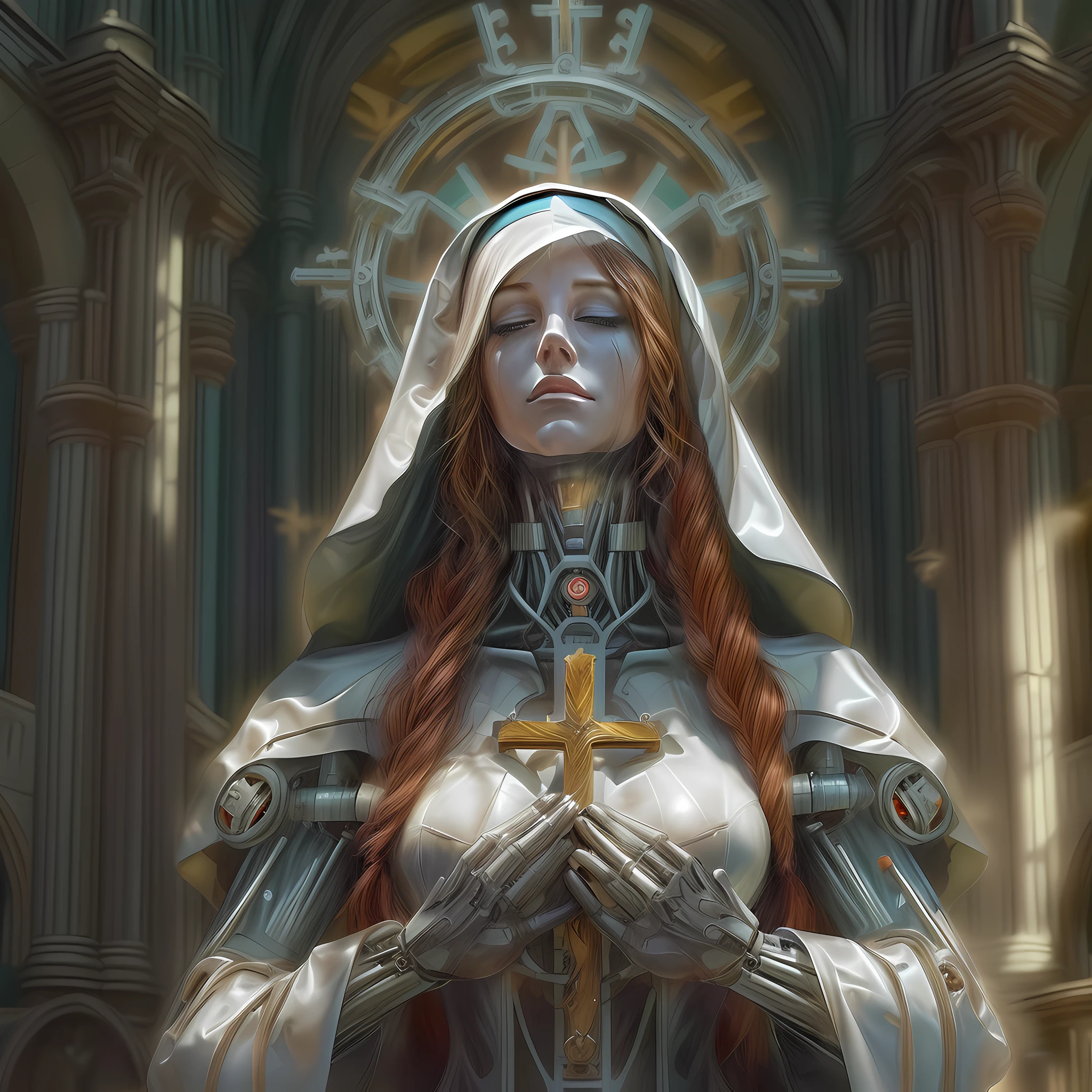 a model shot picture of a (mecha woman nun: 1.3) praying in church, full body, an exquisite beautiful (ultra detailed, Masterpiece, best quality: 1.3) (mecha woman nun: 1.4) dynamic angle best detailed face (best detailed, Masterpiece, best quality), , ultra feminine, red hair, long hair, braided hair, dynamic eyes color,, (wearing mecha nun habit: 1.4), wearing a mechanical cross, praying in a goth church, candles light, dim sun rays through church windows, divine rays high details, fantasy art, RPG art best quality, 16k, [ultra detailed], masterpiece, best quality, (ultra detailed), full body, ultra wide shot, photorealistic, reelmech