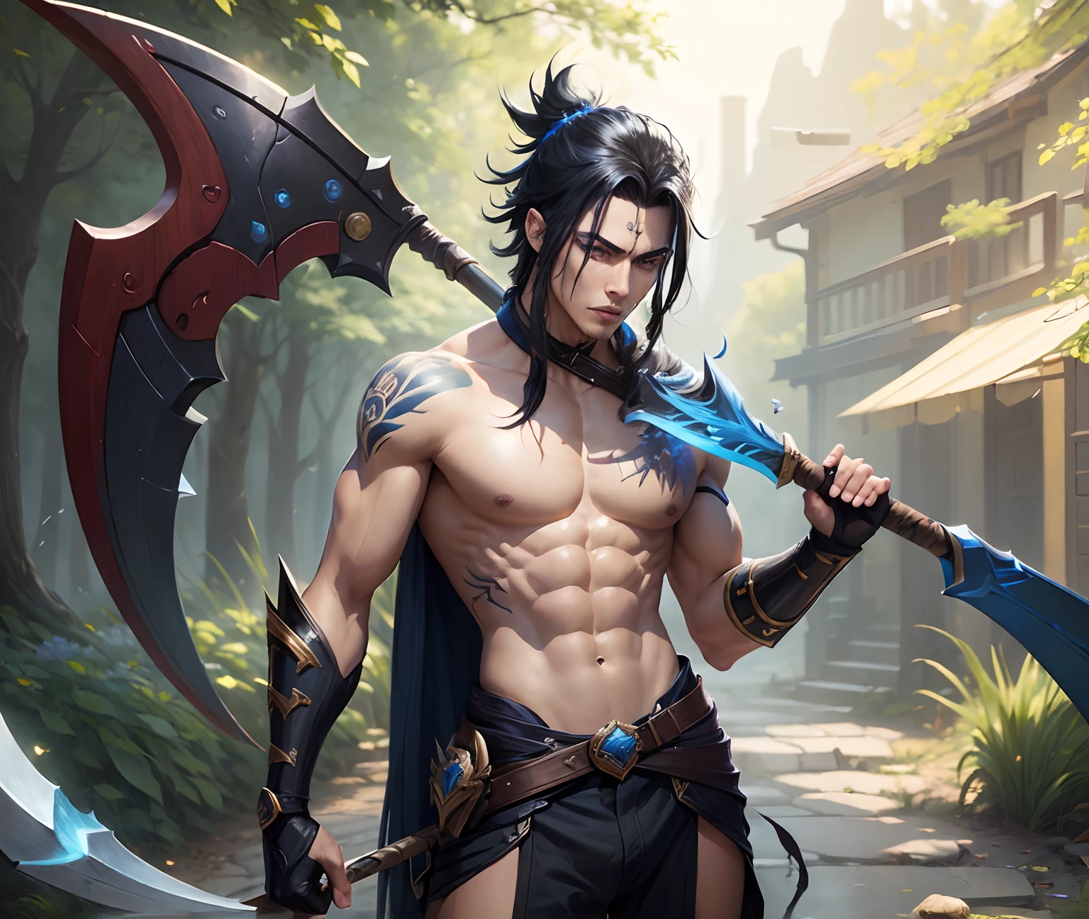 (masterpiece:1.4), (artwork:1.2), Kayn, League of Legends, 1 male, Kayn from League of Legends, black hair with blue stripes, HD-Quality, 8k, scythe, scars, Wild Rift Kayn, close up shot, standing, 1 male