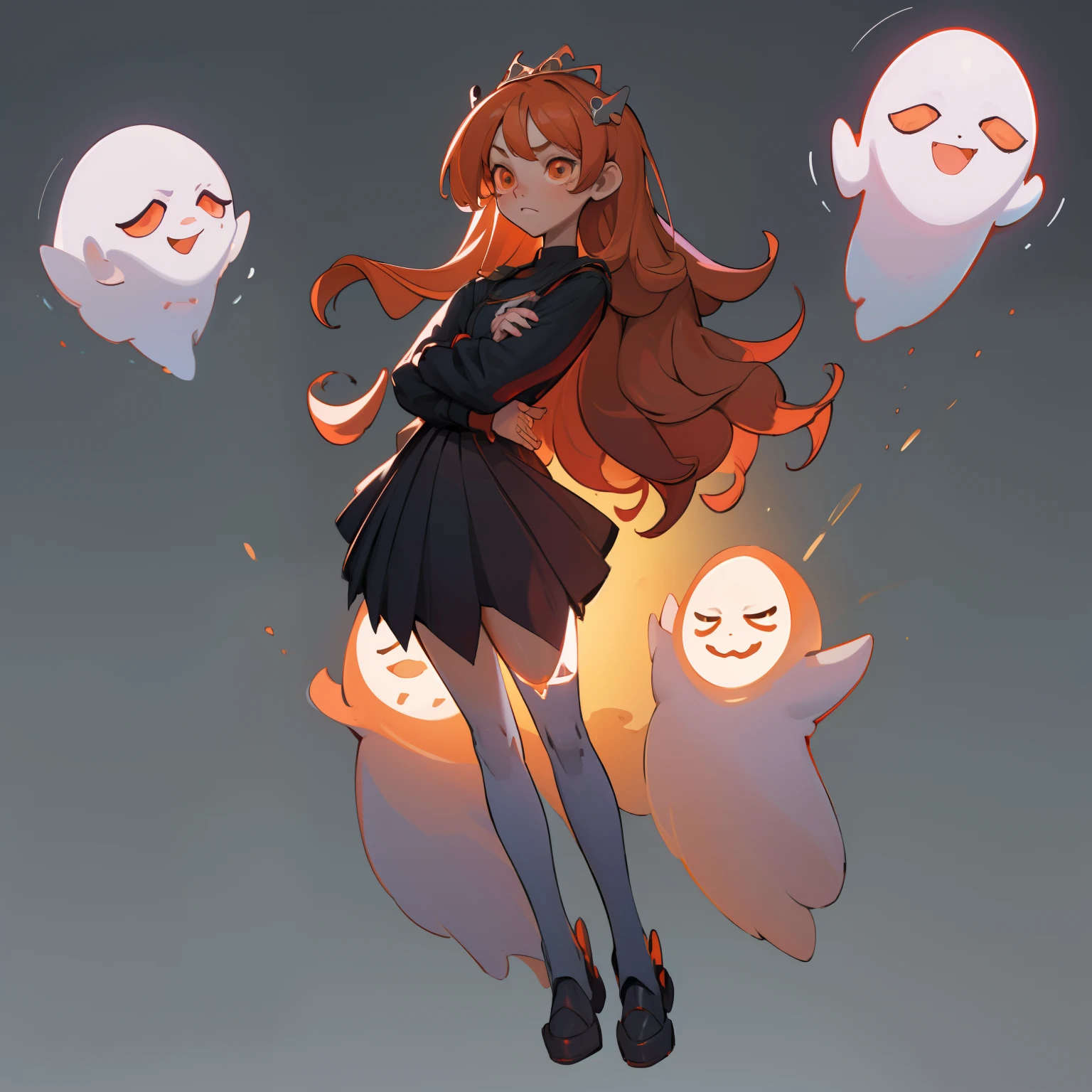 masutepiece, Best Quality, 4K, 超A high resolution, ultra-detailliert, High resolution, Ultra HD, sophisticated details, Backlight, ((Full body shot)), ((No background)), ((White background)), Chibi, High School Girl Black Uniform, Orange hair, Both arms are robots, diadems, ghostly eyes