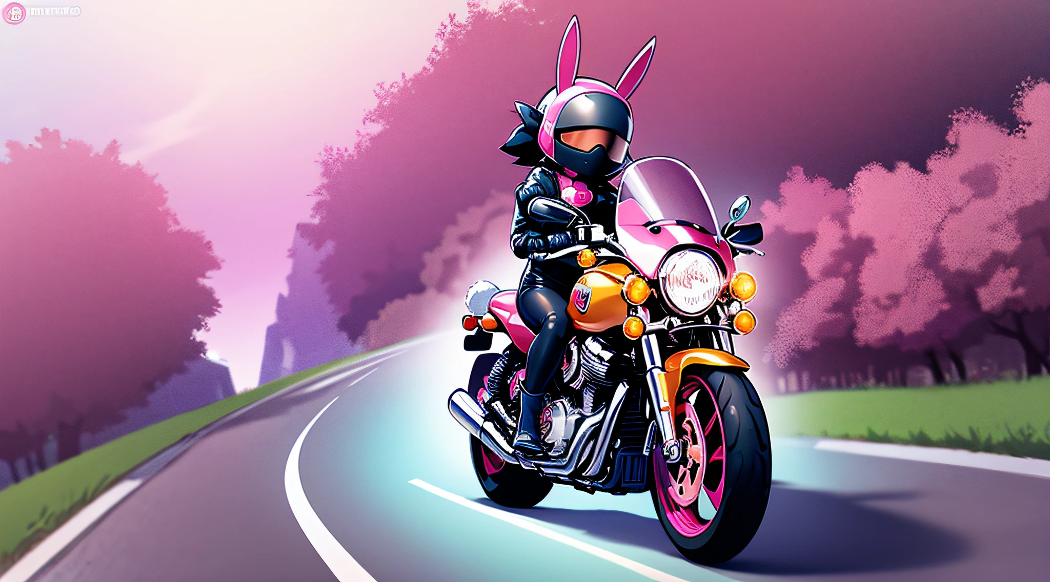 A cute pink rabbit on a harley davidson motorcycle, Front camera detection, Only a rabbit appears, American style, Simplicity, frontal, gros plan, riding, Style minimaliste, logo, Illustration vectorielle, High-quality character design, Ip, Conception graphique