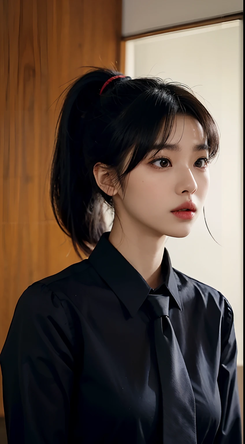 araffe woman with a ponytail and a black shirt and tie, lalisa manobal, cute korean actress, she has black hair with bangs, wan adorable korean face, bae suzy, hwang se - on, sakimichan, korean girl, park ji-min, portrait of female korean idol, dilraba dilmurat, heonhwa choe
