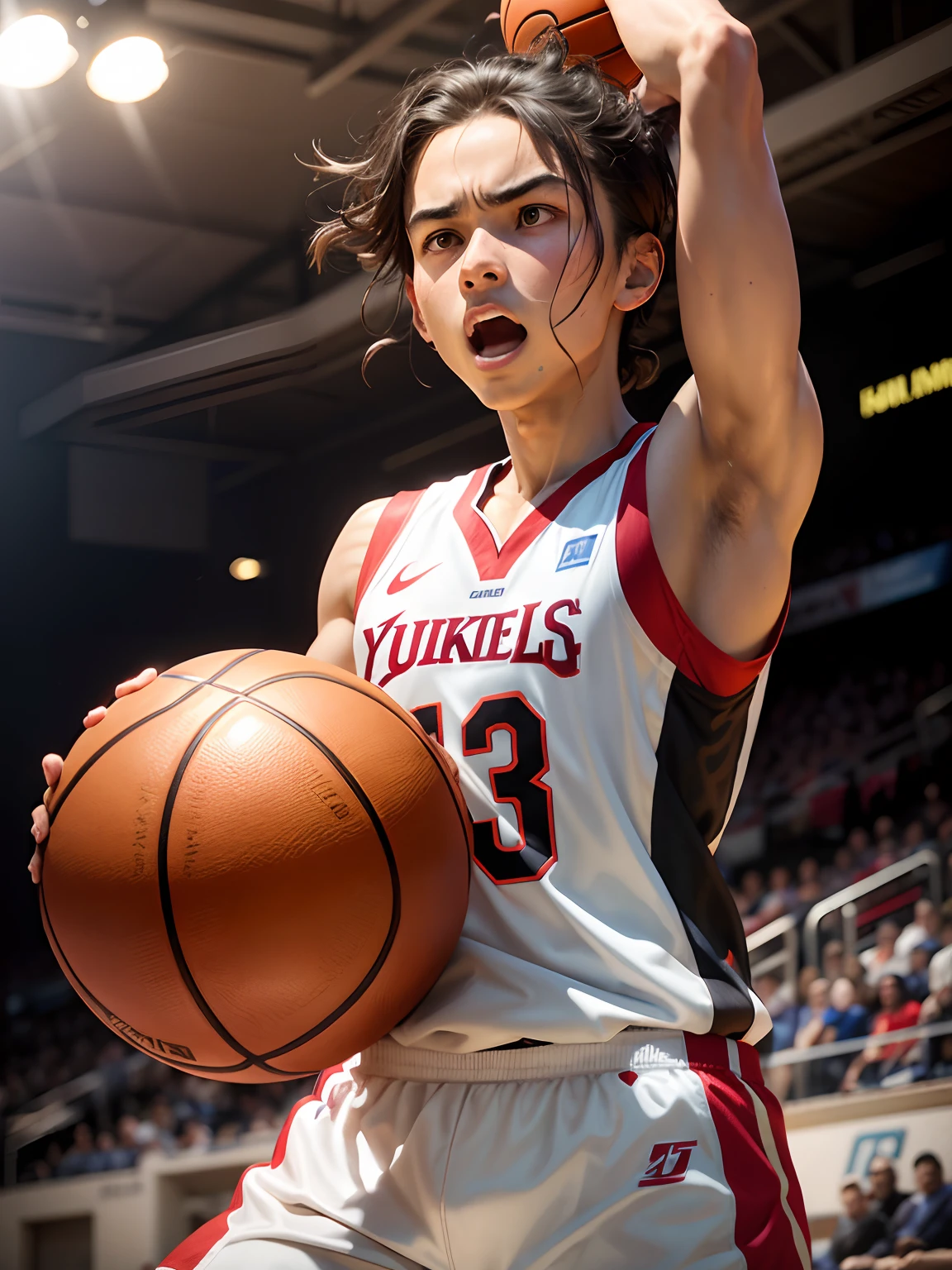 basketball ball，youthfulness，intense emotion，Contest，musculature，male people，short detailed hair