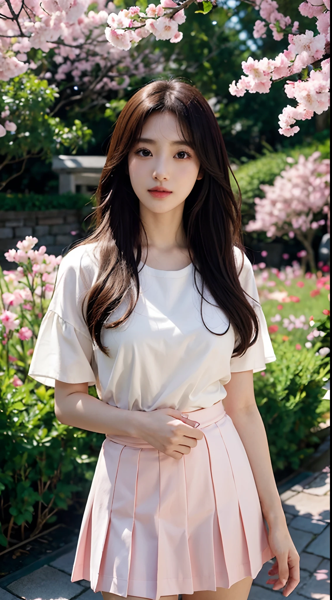 Best quality, 4K,8K,Realistic, Photorealistic, extremely detaile, An extremely delicate and beautiful, RAW photo, Japanese and Korean beauties,South Korean beauties,Wear JK, mini-skirts,Large breasts,(Beautiful detailed eyes,beautiful detailed lips,Extremely detailed eyes and face,long eyelasher), Beautiful hair, joyful expressions, Surrounded by cherry blossom trees, It has a kawaii anime style, In a picturesque garden full of sunshine. The artwork is of the best quality, With ultra-detailed features and realistic, Realistic touch. vibrant with colors,The lighting creates a warm atmosphere, Dreamy atmosphere.