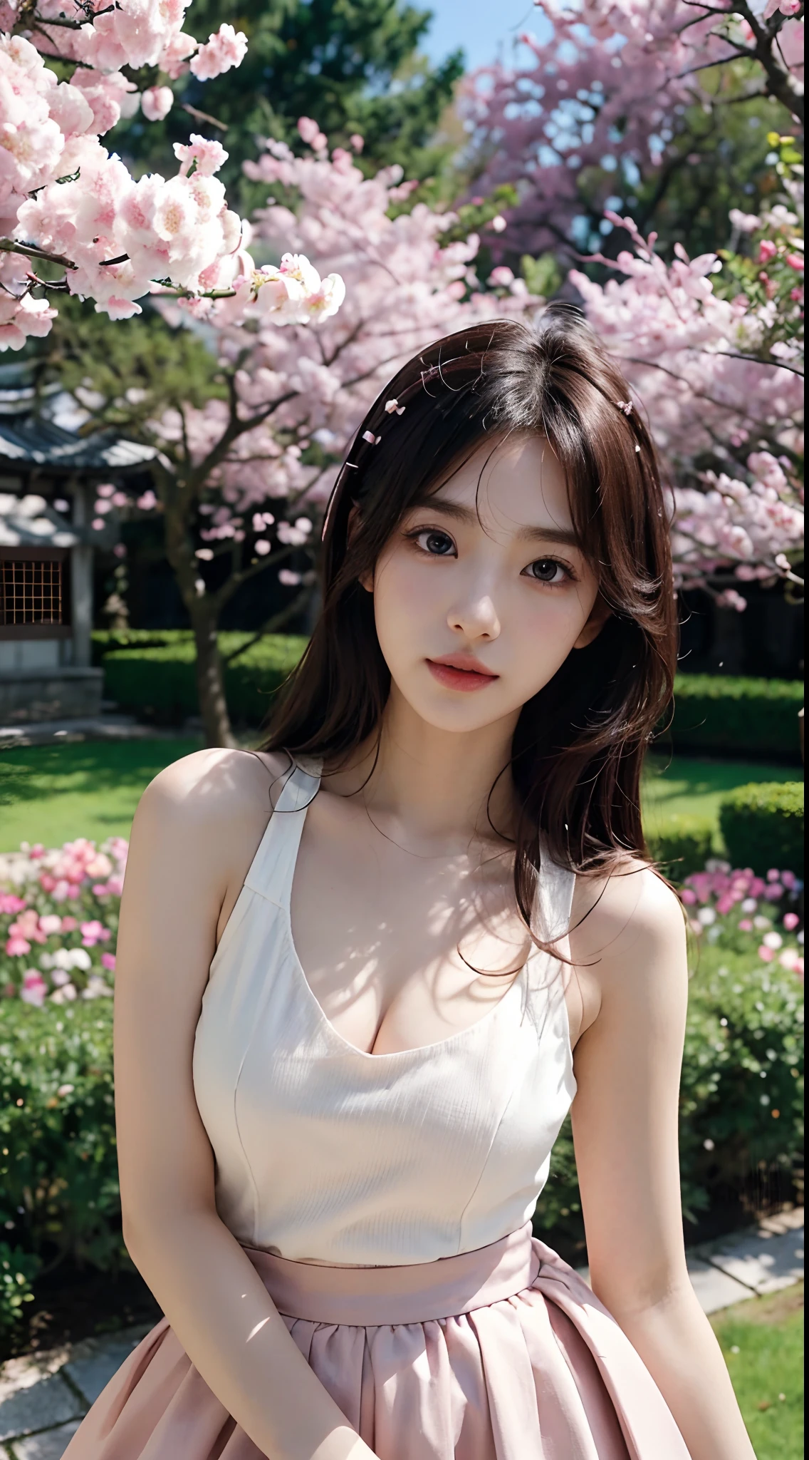 (logo、masterpiece、8K、table top、RAW photo、wonderful、最high quality、Photorealistic and very detailed CG integrated 8k wallpaper、high quality、very detailed、narrative poem、particle effects、dynamic effects、Depth of the bounds written、cinematic light、Lens flare、ray tracing)、fantasy、 (1 beautiful woman、dress、dress、cherry blossom pattern、black haired、beautiful face、real face、beautiful details eyes beautiful skin)、My hair dances in the wind、Hair flutters in Wind、hair jump、pink cherry tree、petals dance、SakuraFubuki、wonderful scenery、sunrise、sun on background、Wind、