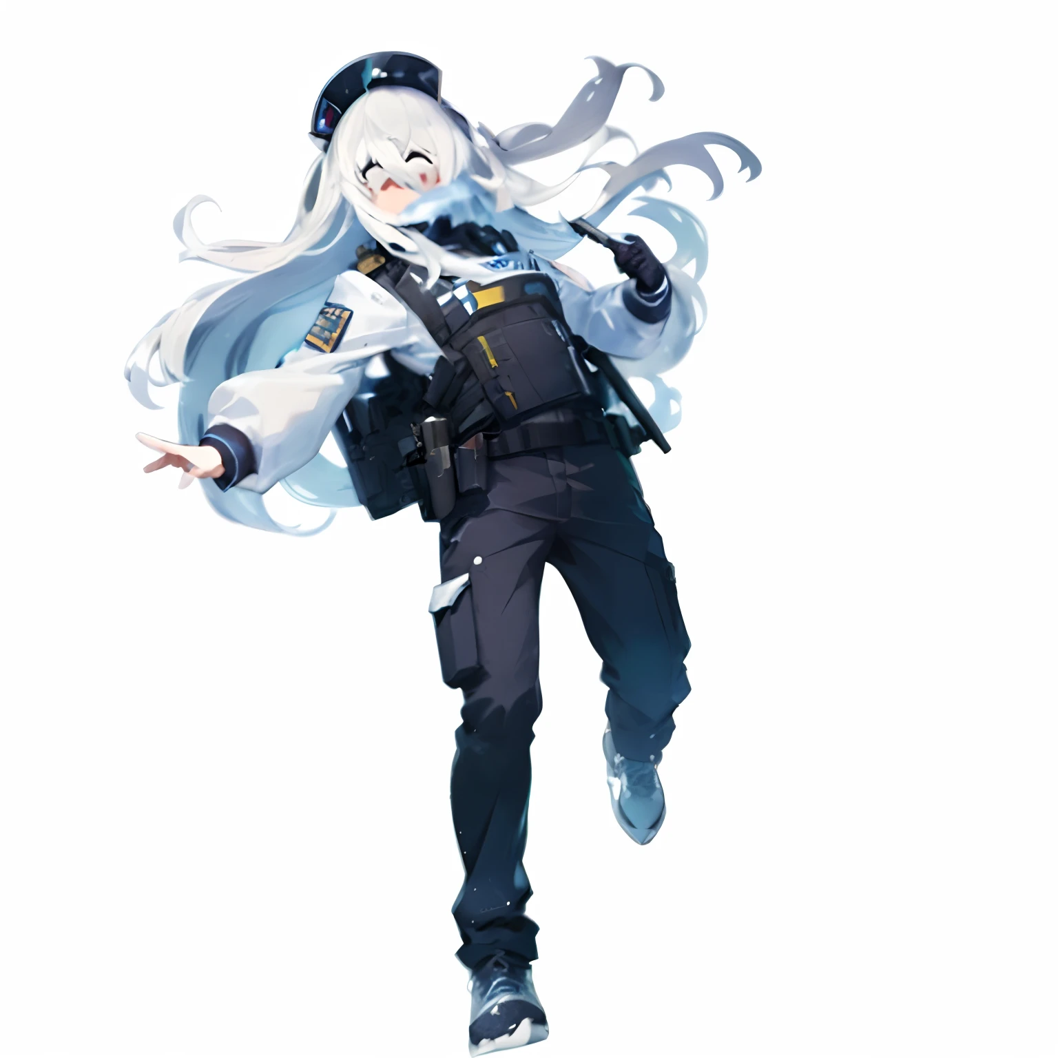 Woman in police uniform with gun, Official Character Art, ( ( character concept art ) ), visual novel sprite, art of kirokaze pixel, Kantai Collection Style, white hair floating in air, 2 d sprite, character artwork, this character has cryokinesis, from girls frontline, rimuru tempest, full body sprite