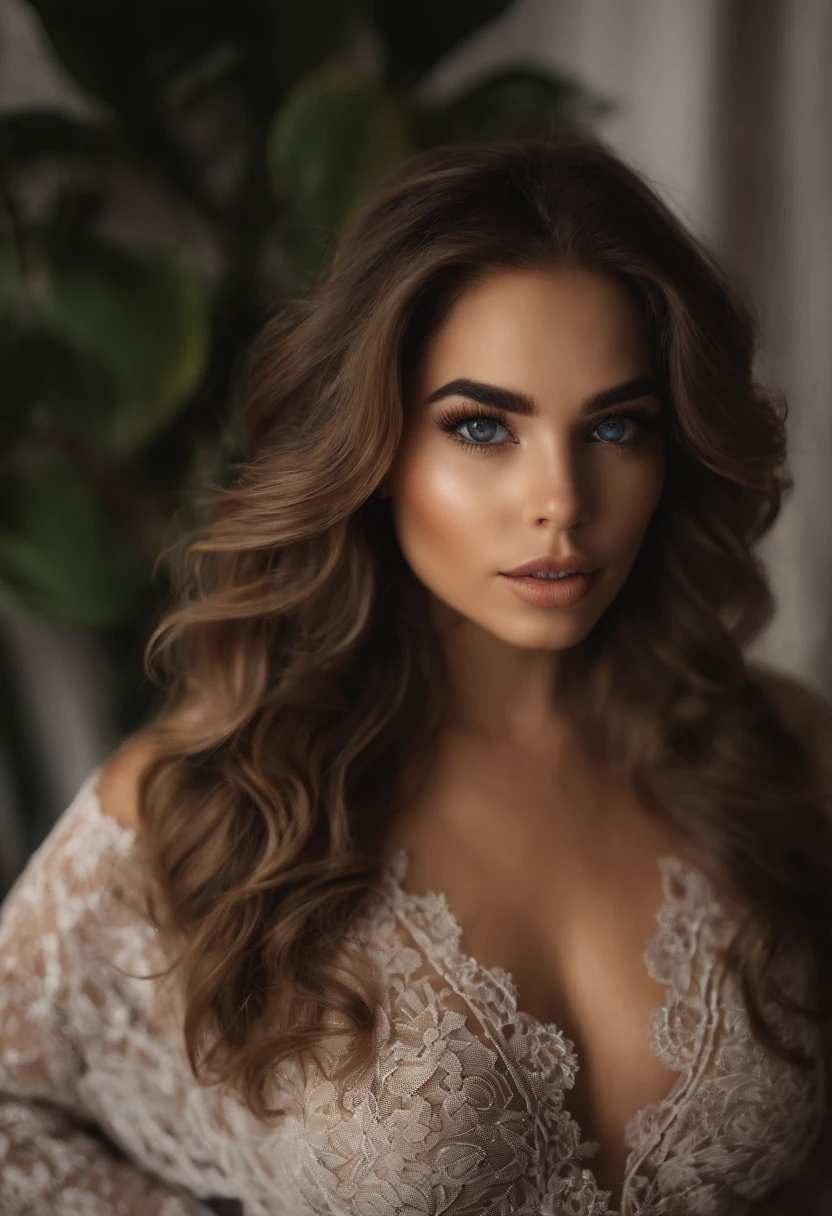 mulher arafed totalmente , Menina sexy com olhos castanhos, ultra realistic, meticulosamente detalhado, Retrato Sophie Mudd, cabelos castanhos e olhos grandes, selfie de uma jovem mulher, Olhos de Dubai, Violeta Myers, sem maquiagem, maquiagem natural, Looking directly at the camera, Rosto com ArtGram, maquiagem sutil, impressionante tiro de corpo inteiro ajoelhado na cama, no quarto, medium to large bust