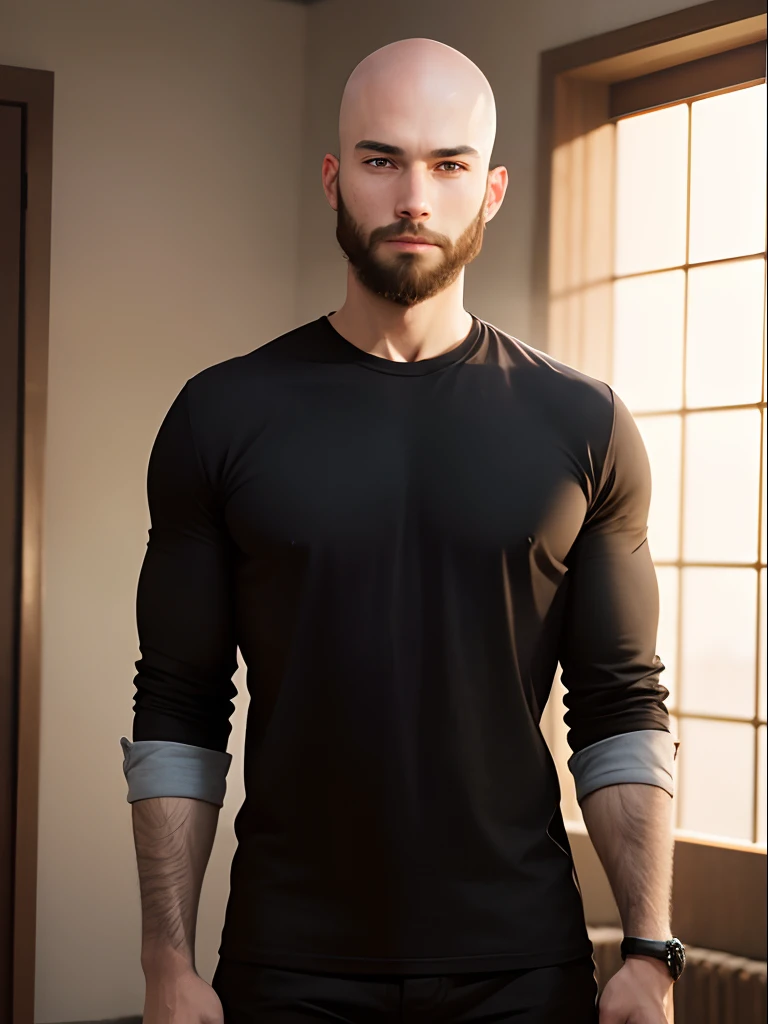 young Man with no hair, standing in relaxed pose, slight smile, full beard, wearing black shirt, looking at viewer, portrait photo