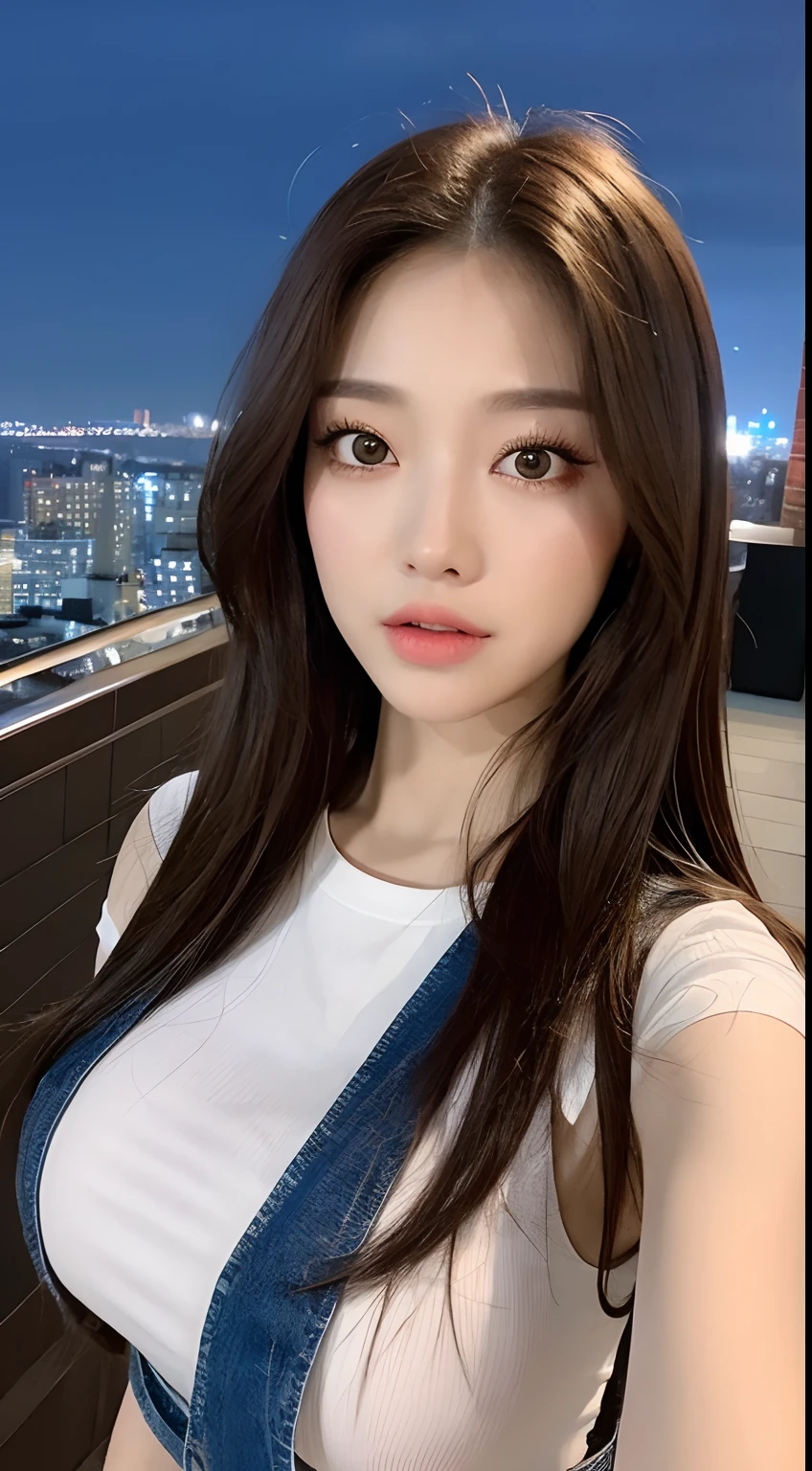 ((Midnight, Best quality, 8k, Masterpiece :1.3)), Whole body, Long legs, Sharp focus :1.2, A pretty woman with perfect figure :1.4, Slender abs :1.1, ((Dark brown hair, Big breasts :1.2)), (White tight tshirt, Jean bib, Standing:1.2), ((Night city view, Rooftop:1.3)), Highly detailed face and skin texture, Detailed eyes, Double eyelid