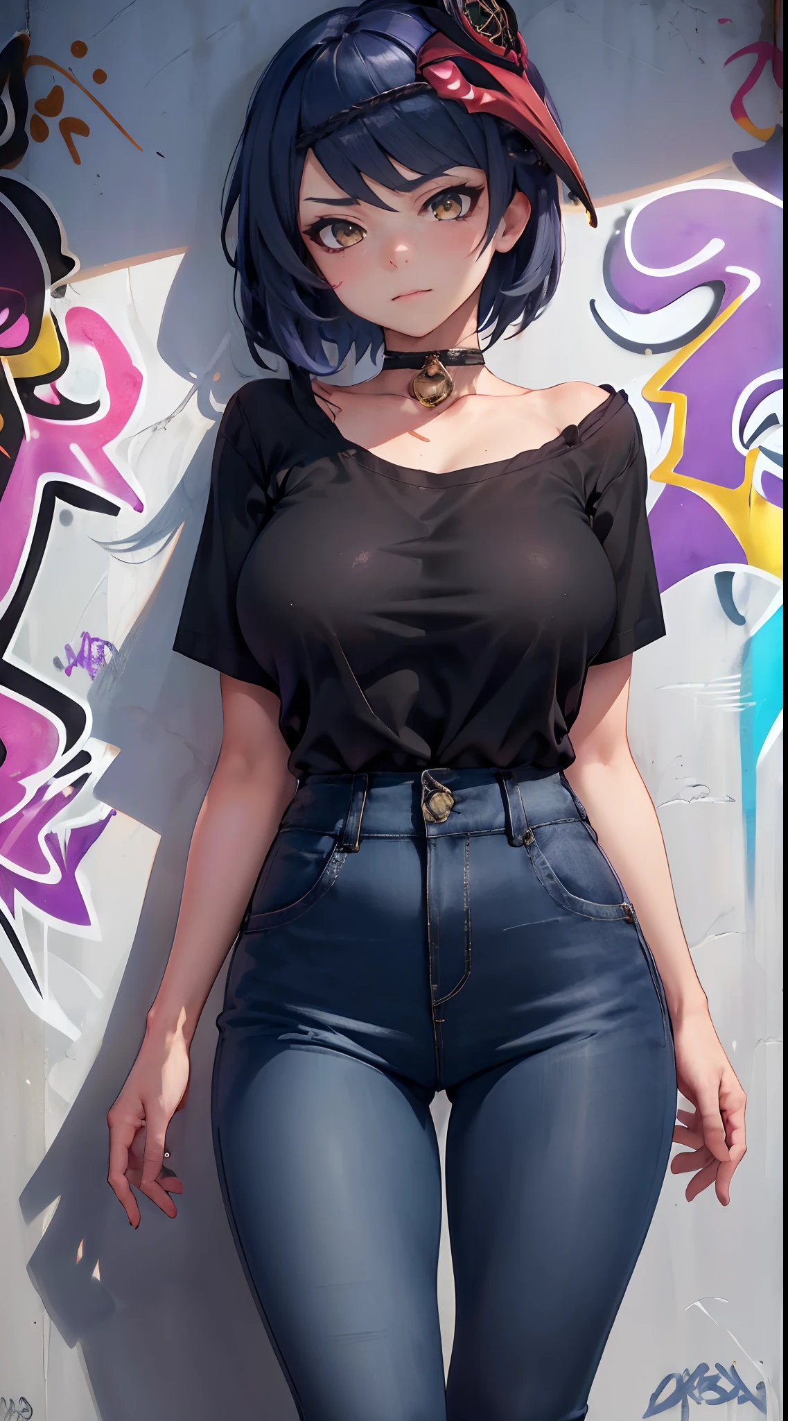 Kujou Sara Genshin Effect, masterpiece, bestquality, 1girls, oversized breasts, bara, dress shirt, Long Jeans, choker, (Graffiti:1.5), Splash with purple lightning pattern., arm behind back, against wall, View viewers from the front., Thigh strap, Head tilt, bored, water eyes,