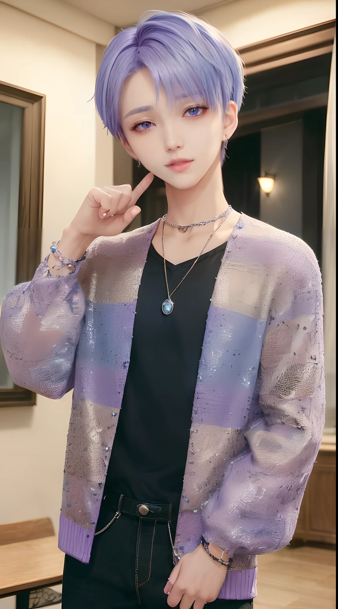 masterpiece, top-quality, 2Others, Male couple, 1 man and 1,, Adults, Height difference, different fashion, different color, finely eye and detailed face, intricate detailes, Casual clothing, window, A smile, Happiness, tenderness, queers, Boys Love, high-level image quality、 selfee, Two beautiful men、tall、The upper part of the body、nightfall、nighttime scene、𝓡𝓸𝓶𝓪𝓷𝓽𝓲𝓬、Korean Male, Idol Photos, k pop, Professional Photos, Vampires, Korean fashion in black and white, Fedoman with necklace, inspired by Sim Sa-jeong, androgynous vampire, :9 detailed face: 8, extra detailed face, detailed punk hair, ((eyes are brown)) baggy eyes, Seductive. Highly detailed, semi realistic anime, Vampires, hyperrealistic teen, delicate androgynous prince, imvu, short hair above the ears, Man with short hair, With a purple-haired man with a wild expression, Man with light blue hair with gentle expression, ((With a short-haired man with bright purple hair)), ((Man with light blue hair))