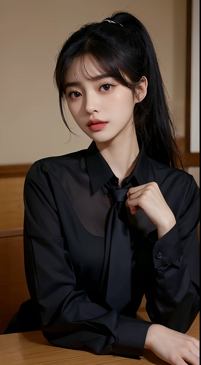 araffe woman with a ponytail and a black shirt and tie, lalisa manobal, cute korean actress, she has black hair with bangs, wan adorable korean face, bae suzy, hwang se - on, sakimichan, korean girl, park ji-min, portrait of female korean idol, dilraba dilmurat, heonhwa choe