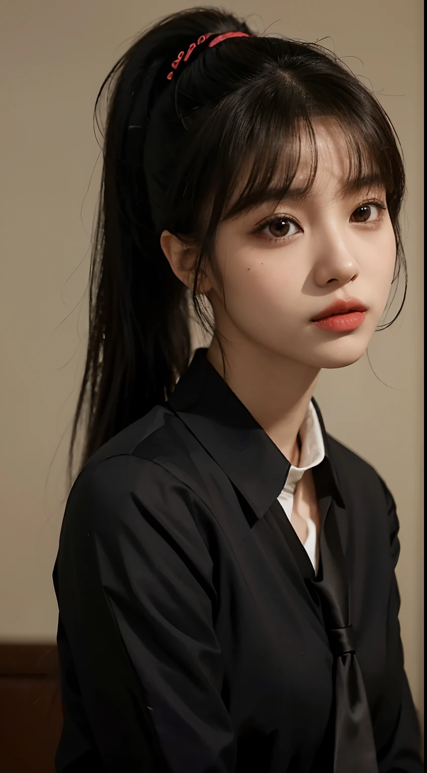 araffe woman with a ponytail and a black shirt and tie, lalisa manobal, cute korean actress, she has black hair with bangs, wan adorable korean face, bae suzy, hwang se - on, sakimichan, korean girl, park ji-min, portrait of female korean idol, dilraba dilmurat, heonhwa choe
