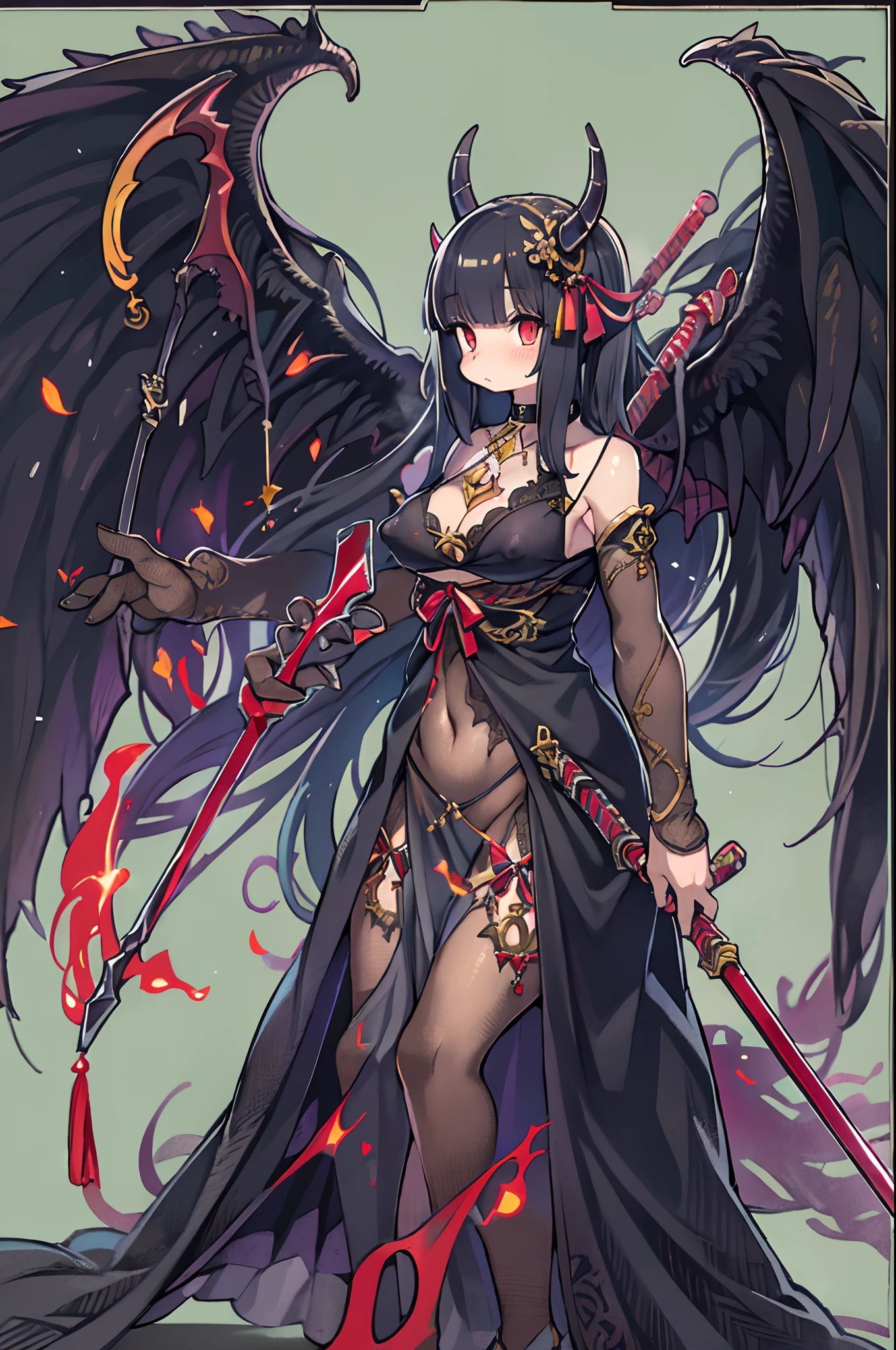 (masutepiece), (Best Quality), (Detailed), Light Layer, Lustrous skin, (intricate-detail , taut clothes, , Demon Wings,Hair Ornament :1.2), From  above, Black hair, Black Choker, Long hair, hime-cut, Woman, Blunt bangs, side locks, Red Eyes, Holding quarterstaff,holding a scythe,holding swords, (maturefemale:1.1), [Uncensored, NSFW, Nipples], side poneyTail  (Simple background:1.1),
