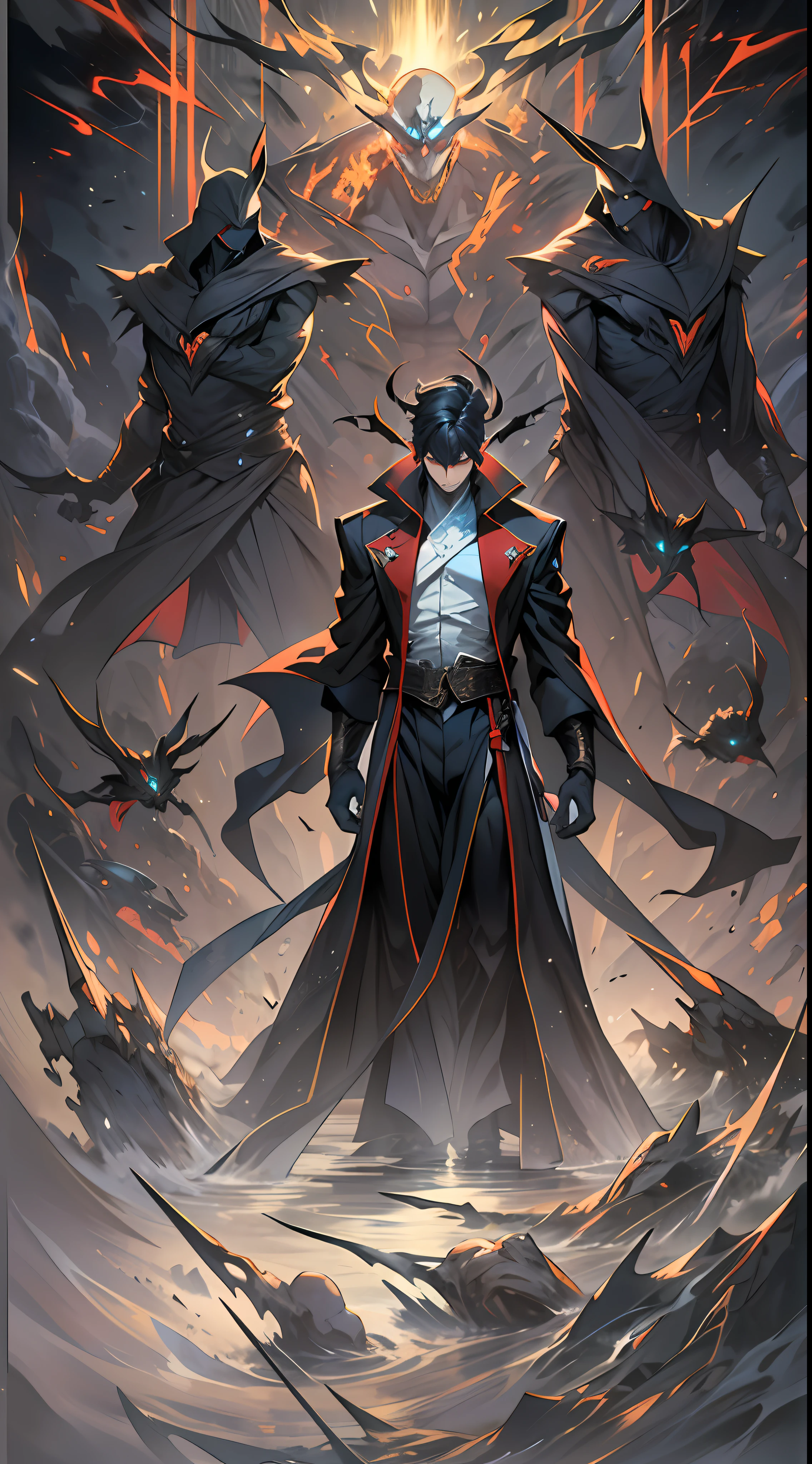 A young and handsome man stands in the center of the scene，Four phantoms appeared behind him，Each phantom represents a heroic spirit。The man raised his arms，Unfold your body，Exudes powerful energy fluctuations。Everyone looked at him in surprise，The gaze was attracted by these four heroic shadows。