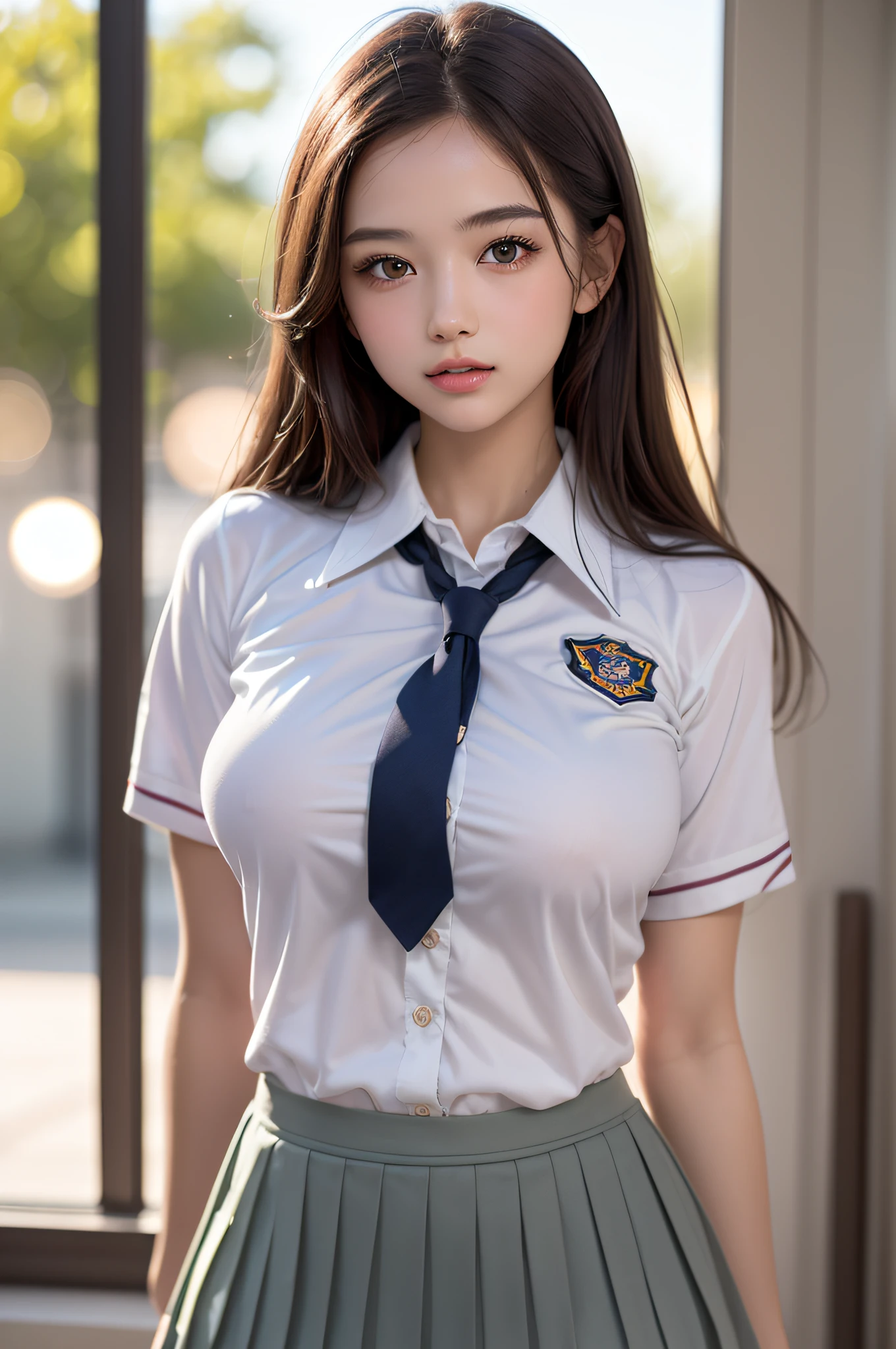 (2girls), Brown hair, Amazing face and eyes, Pink eyes, (hi-school uniform with wide open breasts:1.2), beautiful big breasts, bare breasts, (amazingly beautiful girl), Brown hair, (High School Uniform, Pleated mini-skirt:1.5), ((Best Quality)), (Ultra-detailed), (extremely detailed CG unified 8k wallpaper), Highly detailed, High-definition raw color photos, Professional Photography, (((Bokeh))), depth of fields,