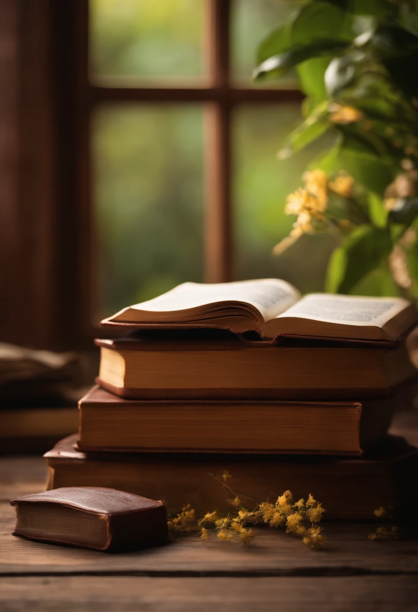 Create a 4K image to represent a Sunday School lesson, that contains a bible on a wooden table, Be sure to be extremely judicious about the smallest details of the environment, capturando a espiritualidade, Solemnity of the occasion