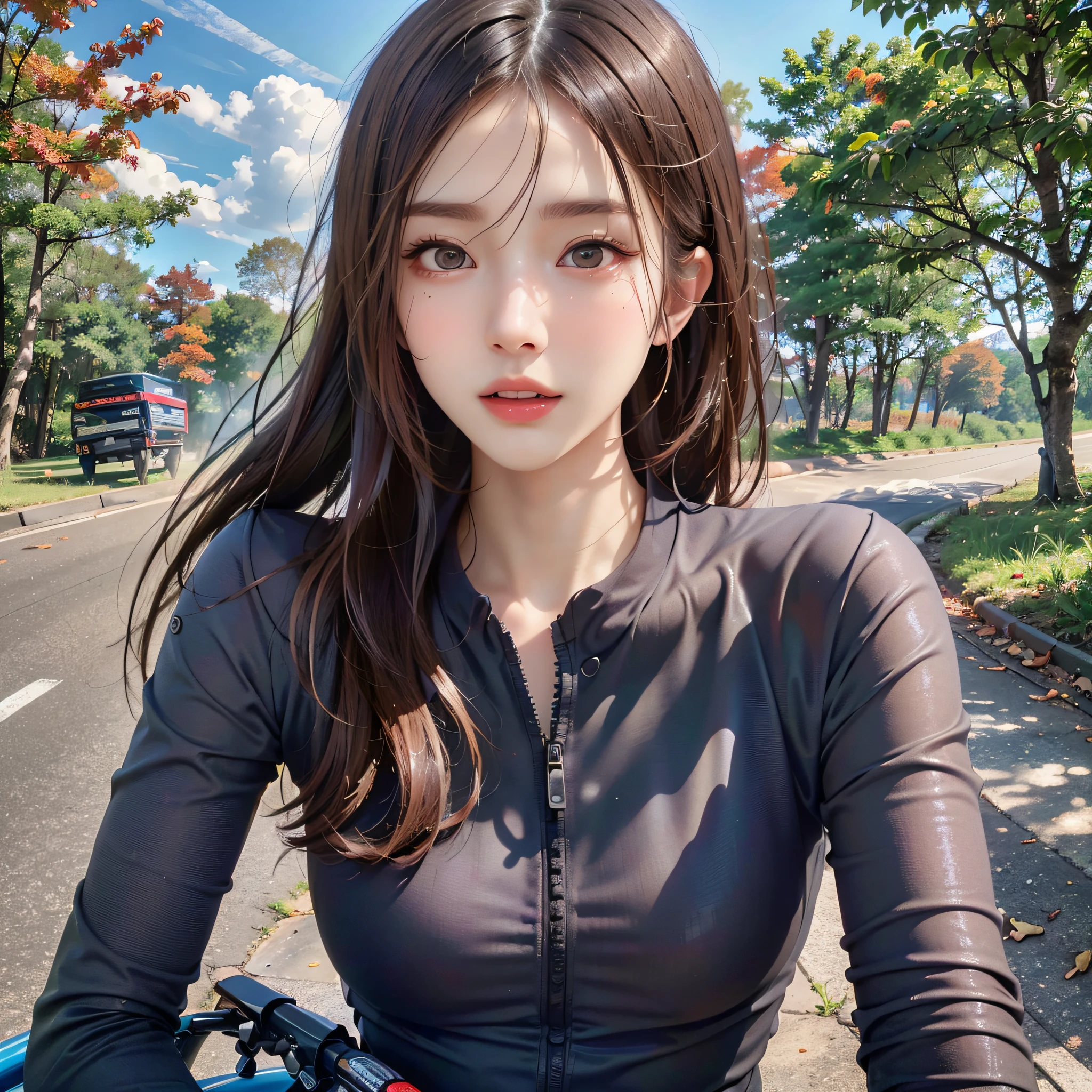 (8k, highest quality, high resolution), (photo realistic:1.4), (hyper realistic:1.4), (realistic:1.3), (smoother lighting:1.05), (1Girl), (Detailed Eyes), (Detailed face), (Sexy Road Bike Racing Uniform), Uniform with an open chest,  girl riding the perfect bike, beautiful face, Medium breasts, skinny, Translucent sexy shirt, shiny skins, perfect hands, perfect legs, (Road bike ride:1.2), Ginkgo tree with foliage, Blue sky in autumn, dynamic poses, Watch your audience, (The upper part of the body:1.2), face close-up, (semi-long hair, dark brown hair), Look from behind, hip close-up, Lean your back forward