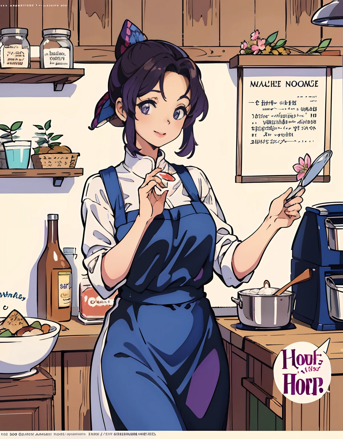 (Best Quality, Masterpiece), Front cover of a women's cooking magazine, 1girl, 30 years old,stunning, cute, heartwarming smile, hourglass figure, wearing floral dress, pinny apron, beautiful food, text, diagrams, advertisements, magazine title, ponytail hairstyles, long dark purple hair