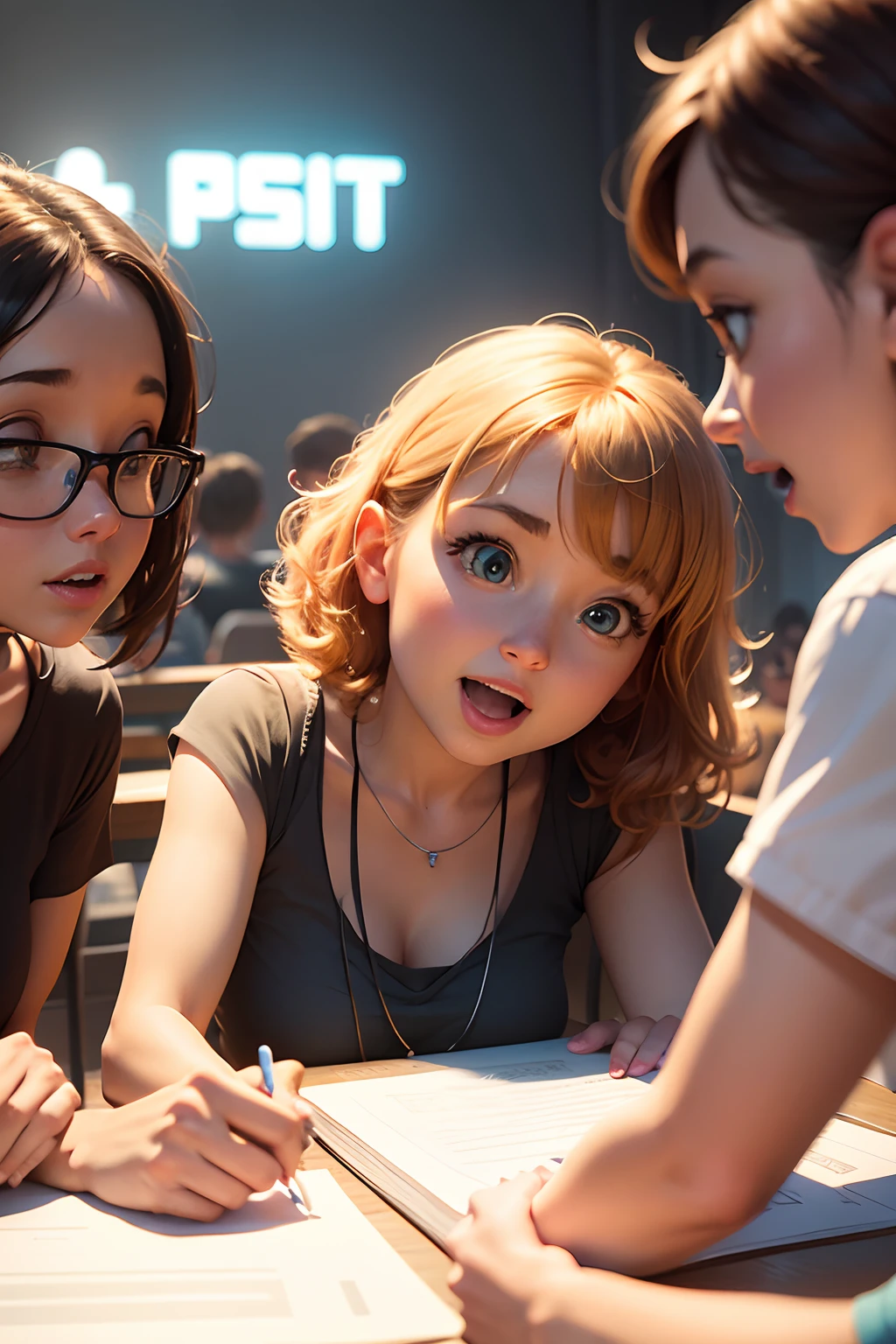 Create an inspiring Pixar style image that shows a group of training participants interacting, learning, and sharing ideas.