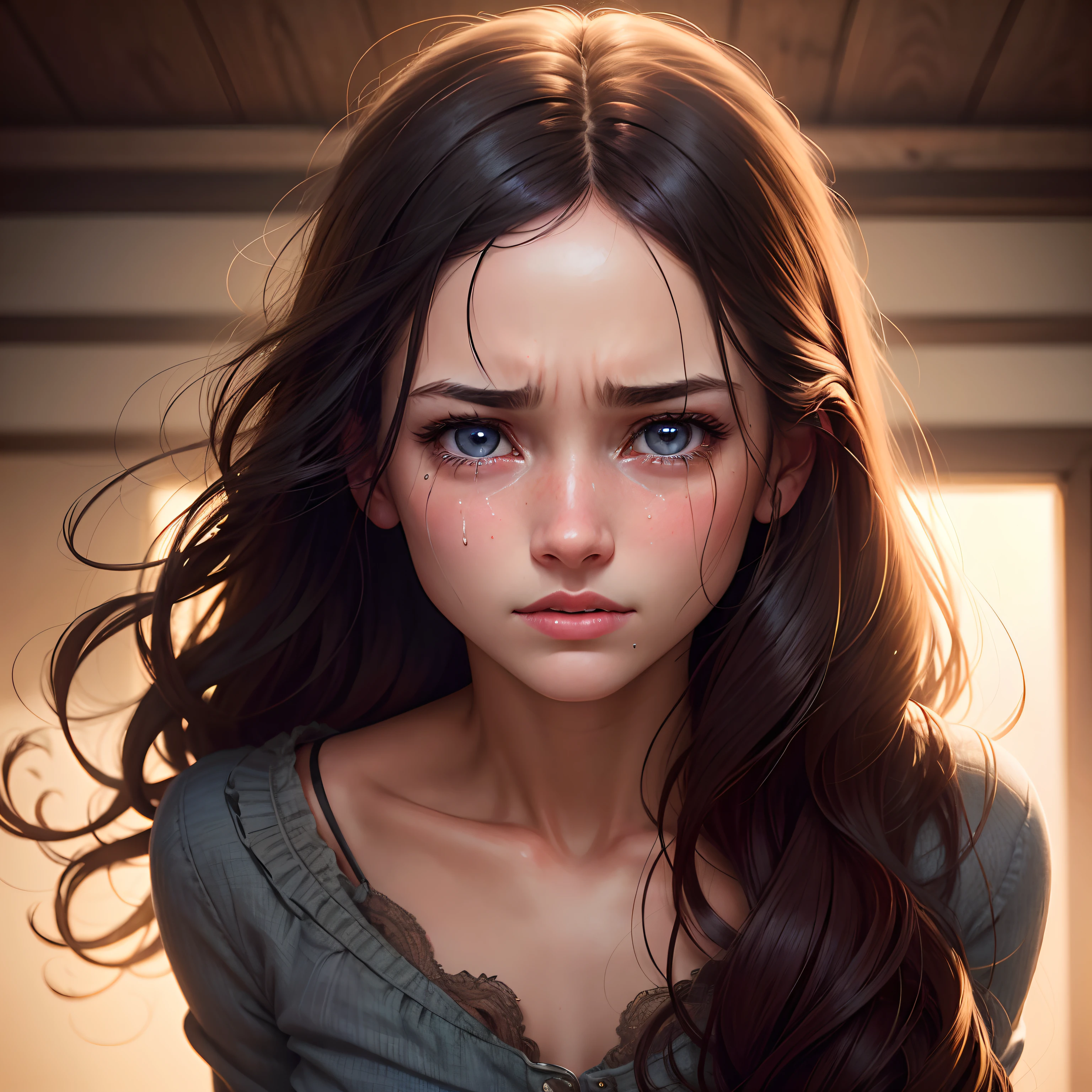 A beautiful western girl who is being beaten by a man, and tears, crying, realistic, innocent face, cutie patootie. perfect eyes, perfect lips, perfect nose, professional color graded, , dark background, cute woman, crying loudly, tears from eyes, red nose, Anna Dittmann, biting her lips with her teeth, head looking at the roof