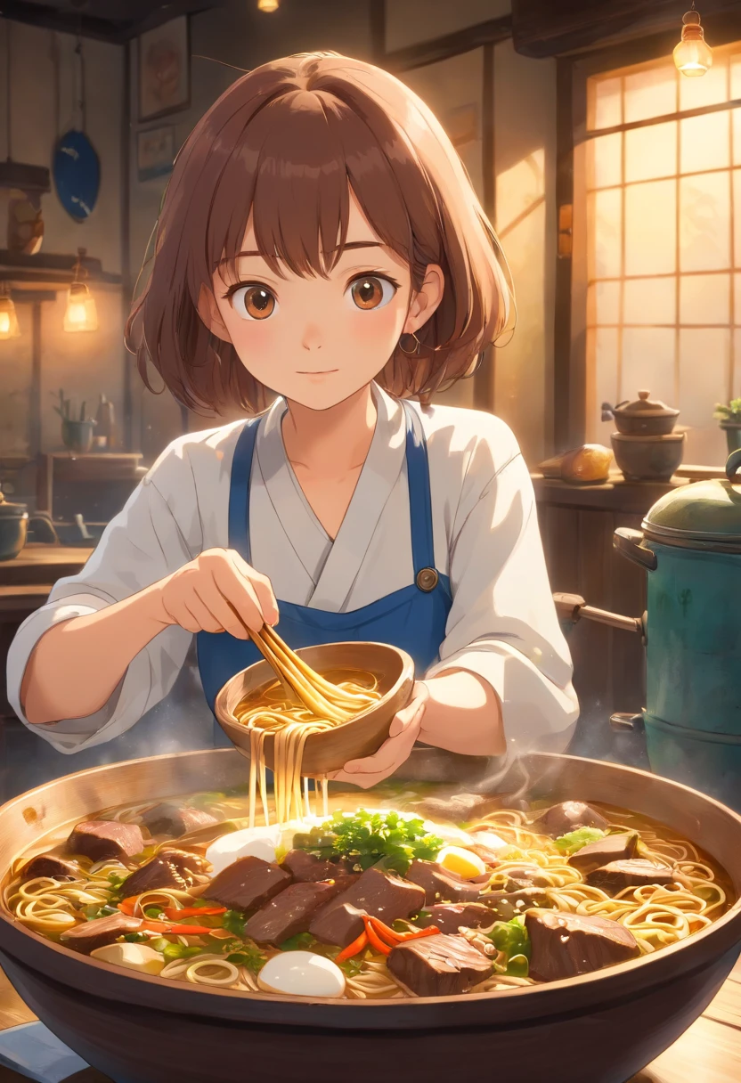 A bowl of beef noodles,Fresh vegetables,The poached egg aroma is overflowing,The brown shells are delicious,It was delicious,Pepper has a strong flavor,The yellow bamboo shoots are crispy and delicious,The fungus has a delicate taste,The final taste of tofu is great,High detail, Ultra detail, complexdetails, finedetail, Ultra detail, super detail, Cinematic, Surrealistic soft light, Studio lighting, diffused soft lighting, Shallow depth of field, Sharp focus bokeh, Ray tracing, Subsurface scattering, Diffuse reflections illuminate hyperdetails, (Complexity, detail, Ultra detail, super detail), Cinematic, Hyperrealistic