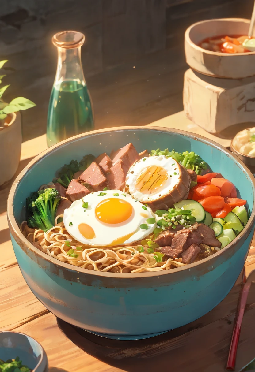 A bowl of beef noodles,Fresh vegetables,The poached egg aroma is overflowing,The brown shells are delicious,It was delicious,Pepper has a strong flavor,The yellow bamboo shoots are crispy and delicious,The fungus has a delicate taste,The final taste of tofu is great,High detail, Ultra detail, complexdetails, finedetail, Ultra detail, super detail, Cinematic, Surrealistic soft light, Studio lighting, diffused soft lighting, Shallow depth of field, Sharp focus bokeh, Ray tracing, Subsurface scattering, Diffuse reflections illuminate hyperdetails, (Complexity, detail, Ultra detail, super detail), Cinematic, Hyperrealistic