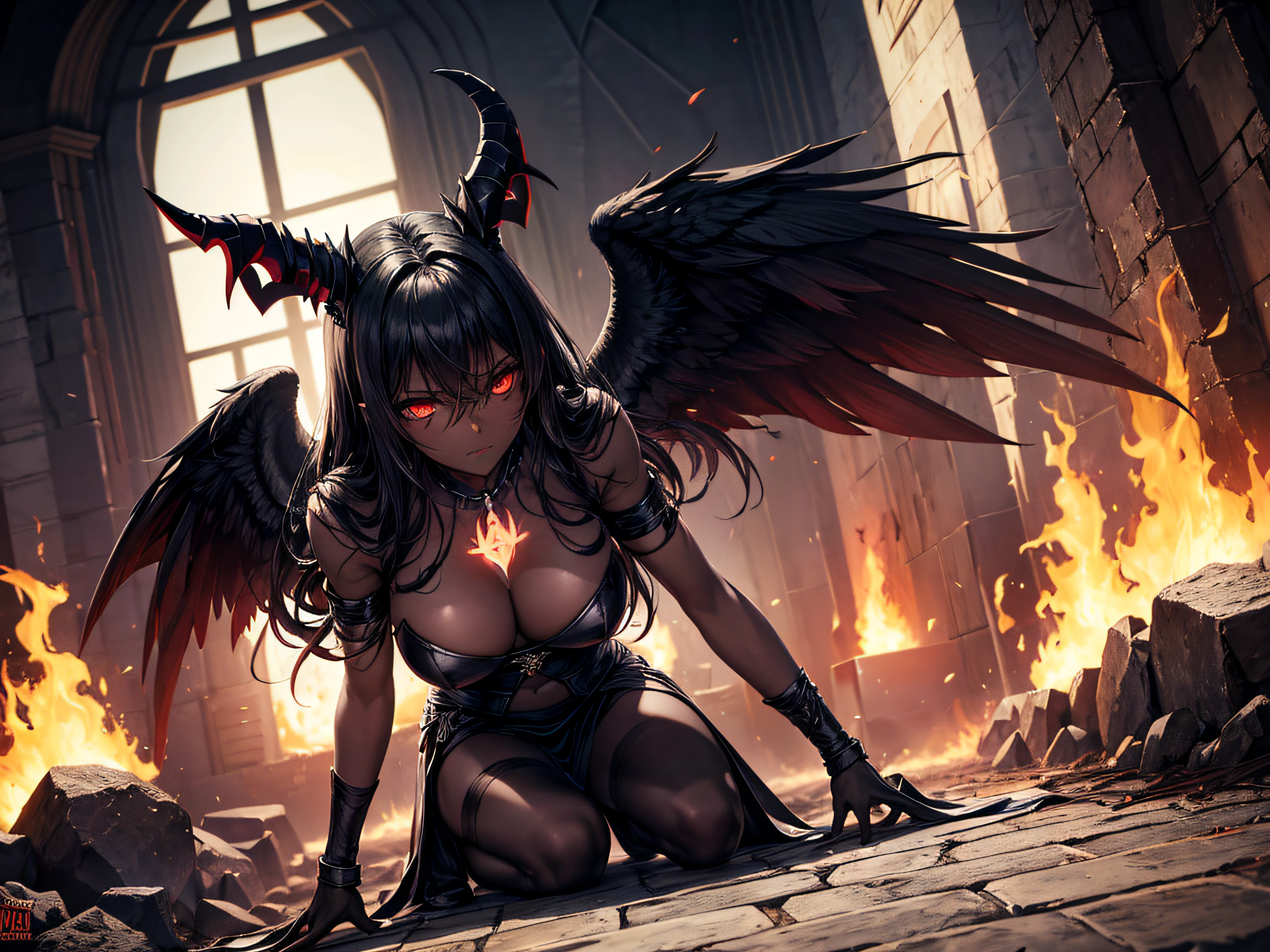 (dark skin), (demon horns), large breasts, Immortal temptation takes over my mind Condemned Fallen weak on my knees, summon the strength Of mayhem I am the storm that is approaching Provoking black clouds in isolation I am reclaimer of my name Born in flames, I have been blessed My family crest is a demon of death Forsakened, I am awakened A phoenix's ash in dark divine Descending misery Destiny chasing time Inherit the nightmare, surrounded by fate Can't run away Keep walking the line between the light Led astray Through vacant halls I won't surrend5r The truth rev5aled in eyes of ember We fight through fire and ice forever Two souls once lost, and now they remember I am the storm that is approaching Provoking black clouds and isolation I am reclaimer of my name Born in flames, I have been blessed My family crest is a demon of death Forsakened, I am awakened A phoenix's ash in dark divine Descending misery Destiny chasing time Disappear into the night Lost shadows left behind Obsession's pulling me Fading, I've come to take what's mine Lurking in the shadows under veil of night Constellations of blood pirouette Dancing through the graves of those who stand at my feet Dreams of the black throne I keep on repeat A derelict of darkness, summoned from the ashes The puppetmaster congregates all the masses Pulling strings, twisting minds as blades hit You want this power? Then come try and take it Beyond the tree Fire burns Secret love Bloodline yearns Dark minds embrace Crimson joy Does your dim heart Heal or destroy? Bury the light deep within Cast aside, there's no coming home We're burning chaos in the wind Drifting in the ocean all alone