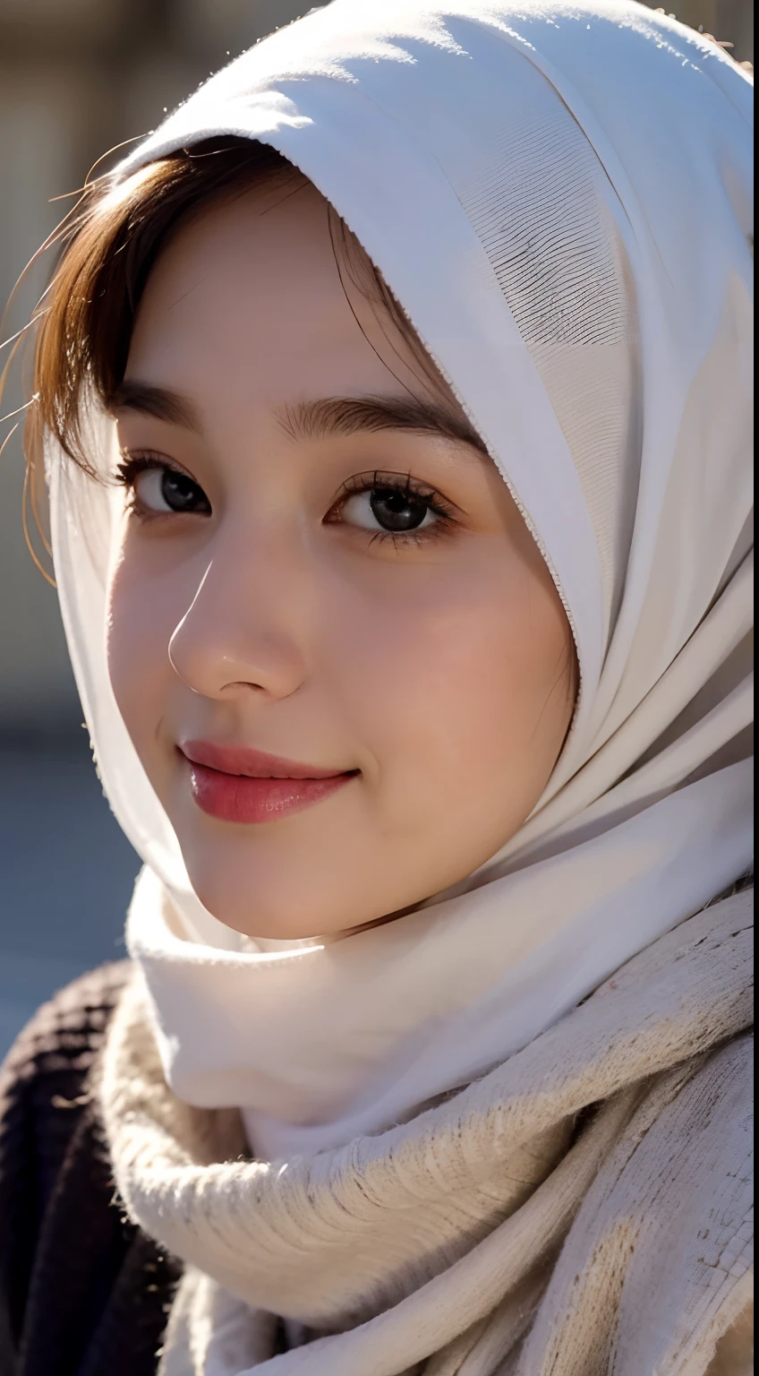 a close up of a woman wearing a scarf and a necklace, with kind face, with lovely look, inspired by Naza, inspired by Sarper Baran, friendly smile, inspired by JoWOnder, with accurate face, with round face, hijab, white hijab, inspired by Mym Tuma, close up potrait, slight smile expression