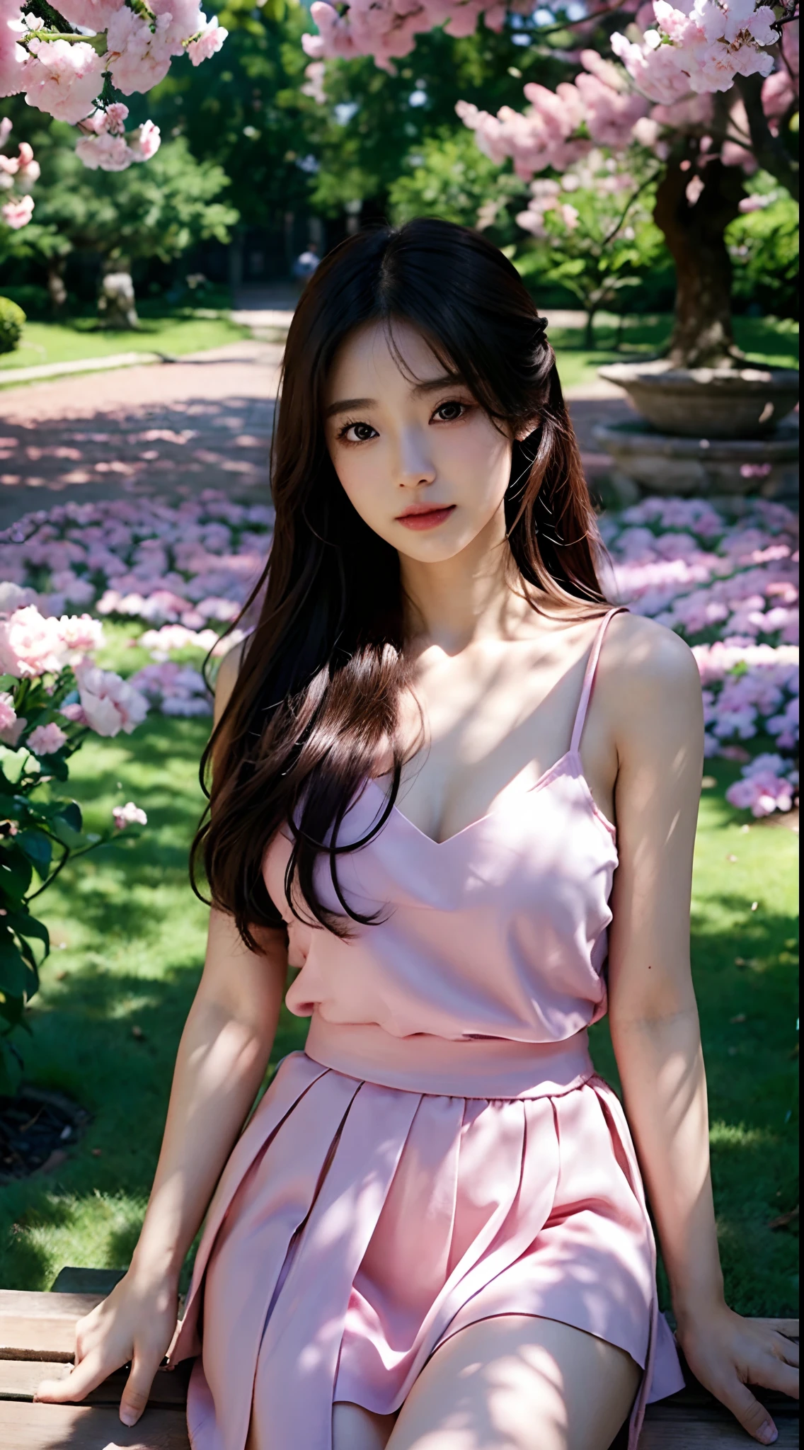 Best quality, 4K,8K,Realistic, Photorealistic, extremely detaile, An extremely delicate and beautiful, RAW photo, Japanese and Korean beauties,South Korean beauties,Wear JK, mini-skirts,Large breasts,(Beautiful detailed eyes,beautiful detailed lips,Extremely detailed eyes and face,long eyelasher), Beautiful hair, joyful expressions, Surrounded by cherry blossom trees, It has a kawaii anime style, In a picturesque garden full of sunshine. The artwork is of the best quality, With ultra-detailed features and realistic, Realistic touch. vibrant with colors,The lighting creates a warm atmosphere, Dreamy atmosphere.