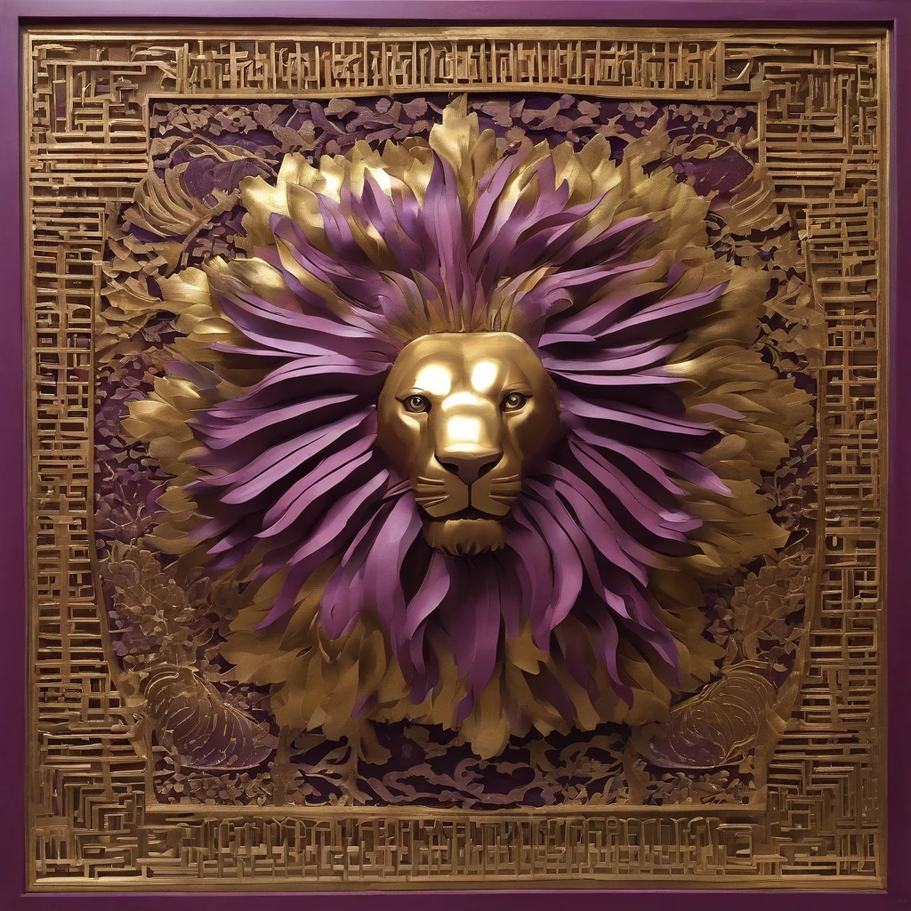Lion 32K(tmasterpiece,k hd,hyper HD,32K)Long flowing bright purple hair,blood pond,zydink, a color,Grumpy tavern (Post-halo), (Linen scarf), Combat posture, looking at the ground, long whitr hair, Floating bright purple, Fire cloud pattern gold tiara, Chinese long-sleeved gold silk burgundy garment, pub(Abstract metaverse splash:1.2)