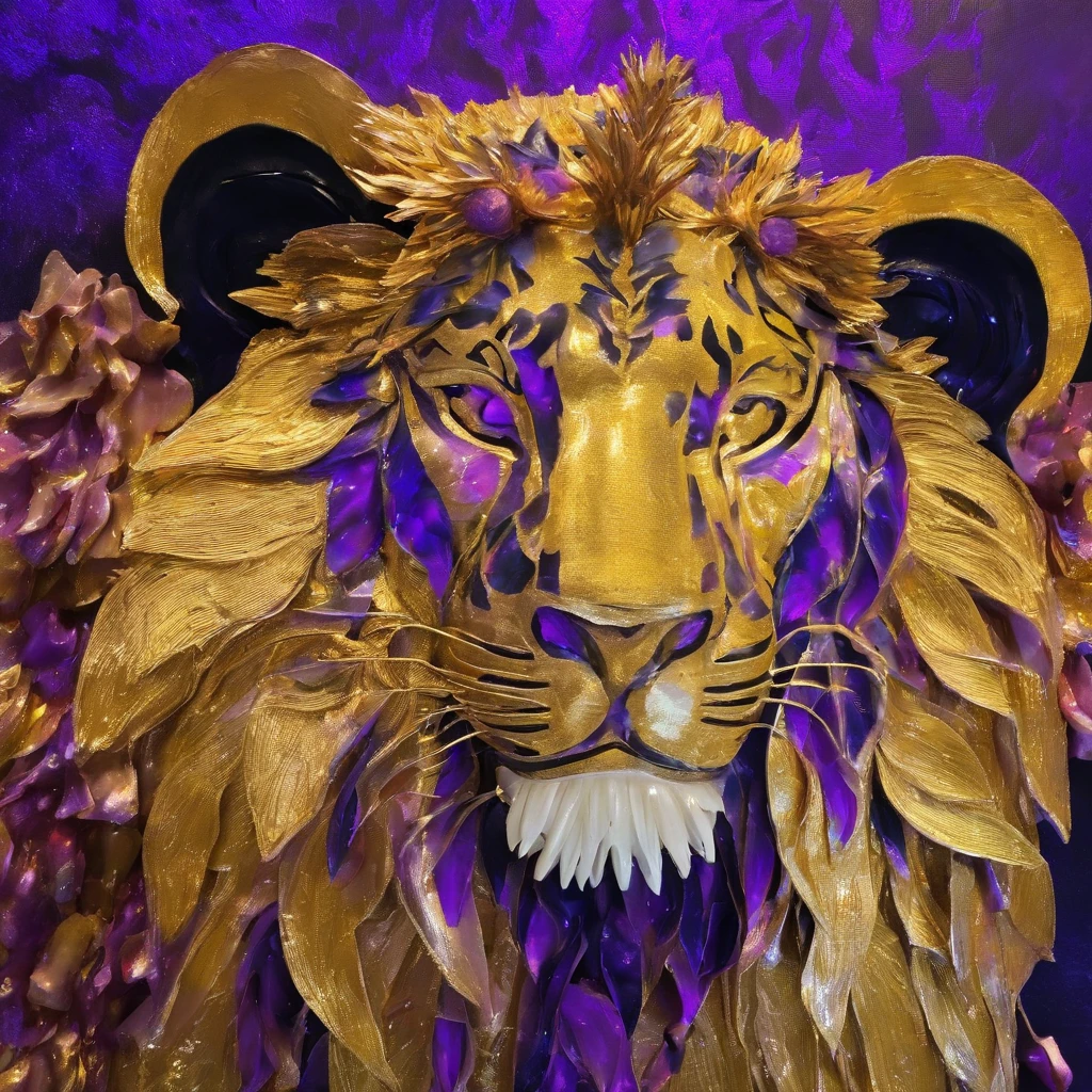 Lion 32K(tmasterpiece,k hd,hyper HD,32K)Long flowing bright purple hair,blood pond,zydink, a color,Grumpy tavern (Post-halo), (Linen scarf), Combat posture, looking at the ground, long whitr hair, Floating bright purple, Fire cloud pattern gold tiara, Chinese long-sleeved gold silk burgundy garment, pub(Abstract metaverse splash:1.2)