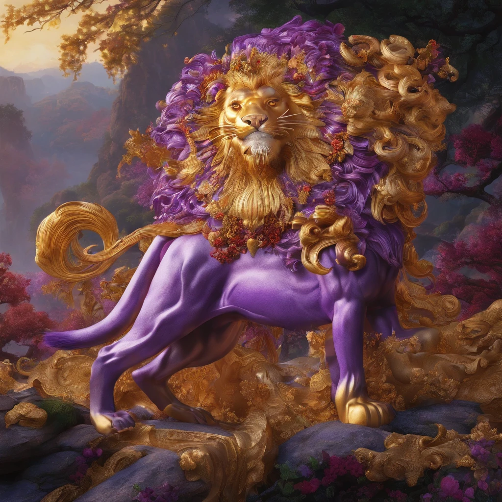 Lion 32K(tmasterpiece,k hd,hyper HD,32K)Long flowing bright purple hair,blood pond,zydink, a color,Grumpy tavern (Post-halo), (Linen scarf), Combat posture, looking at the ground, long whitr hair, Floating bright purple, Fire cloud pattern gold tiara, Chinese long-sleeved gold silk burgundy garment, pub(Abstract metaverse splash:1.2)