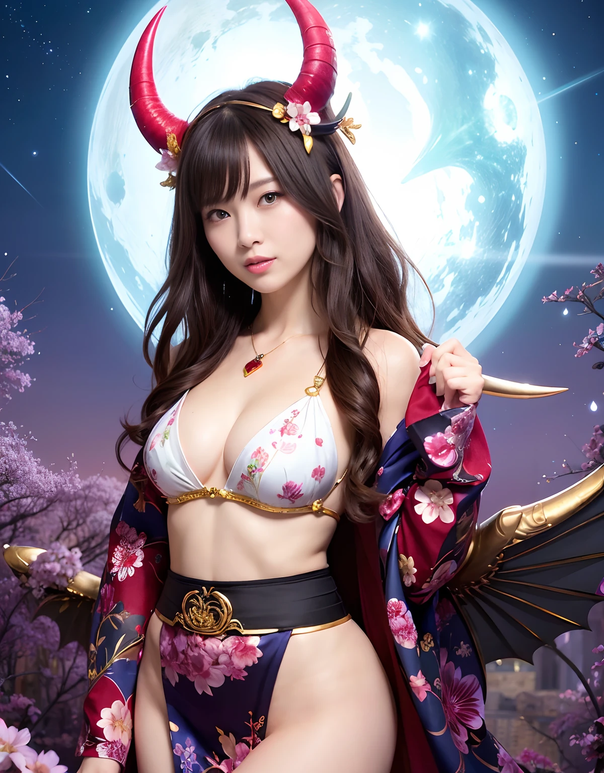 ((World of Darkness)),Professional , ​masterpiece、top-quality、photos realistic , depth of fields 、（sexypose）、(Background of cherry blossoms in full bloom),（Ultimate Beauty）、A dark-haired、（)、（Kimono with beautiful pattern）、（Night background）、（（））,(Wear a beautiful kimono),（Wear a beautiful kimono with colorful floral patterns）、Jewel Gold Weapon、Particles of light),(Wearing a wizard's hat）、Gorgeous gold weapons ,Skeleton population、（（ Gorgeous Dragon Sword）） , （a dark night）,,（maikurobikini） 、（（Black Haired Beautiful Girl））、（Castle background）、（demonic wings）、（（Gangle's forest background））、Beautiful Caucasian beauty、１a person、dynamic ungle,(((Two devil's horns on the head)))、Smaller head、Idle Smile、Thin and beautiful female hands、Mystical expression、Light Effects、intense fighting、Wind-effect、magic circles、With the legendary magic wand、Dragon's tail、