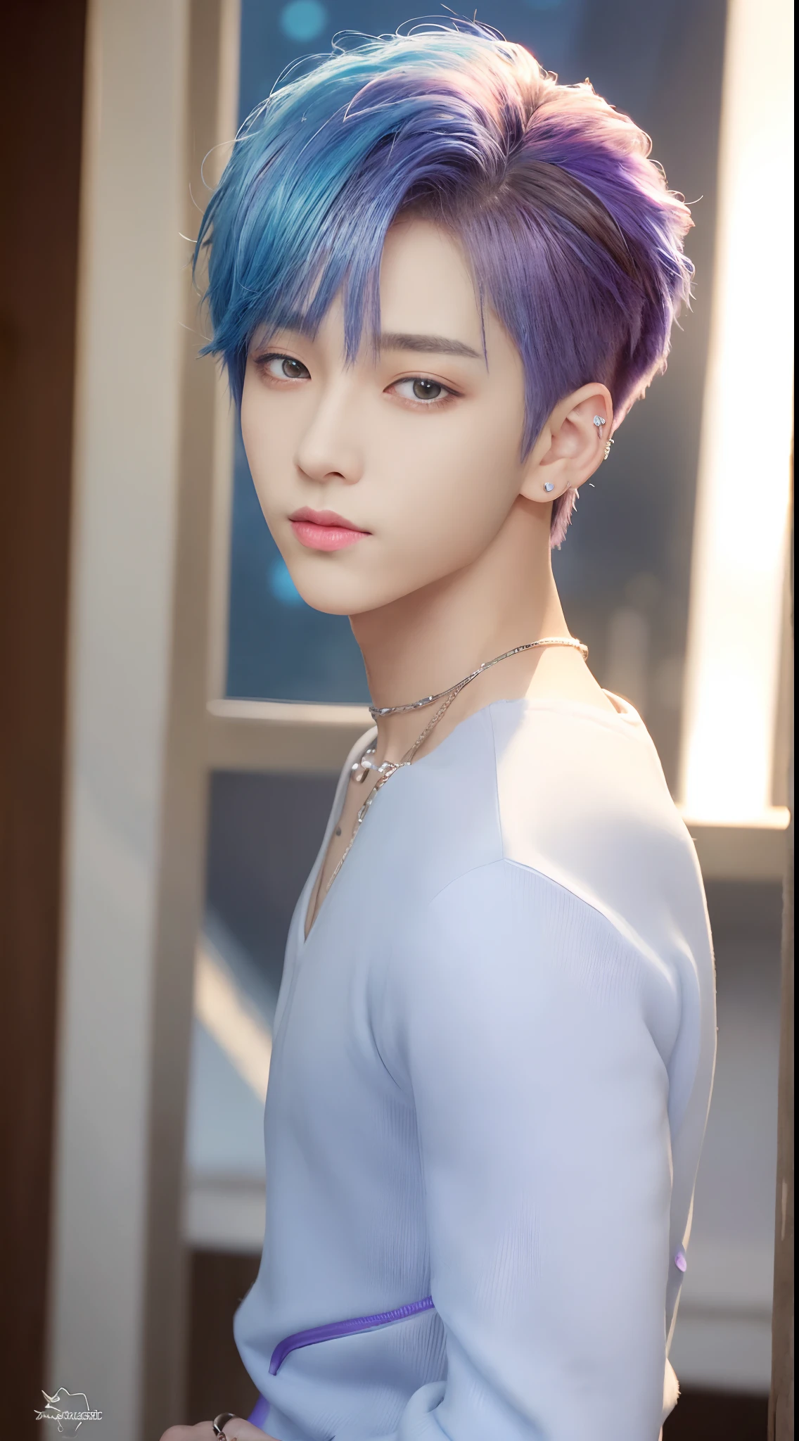 masterpiece, top-quality, 2Others, Male couple, 1 man and 1,, Adults, Height difference, different fashion, different color, finely eye and detailed face, intricate detailes, Casual clothing, window, A smile, Happiness, tenderness, queers, Boys Love, high-level image quality、 selfee, Two beautiful men、tall、The upper part of the body、nightfall、nighttime scene、𝓡𝓸𝓶𝓪𝓷𝓽𝓲𝓬、Korean Male, Idol Photos, k pop, Professional Photos, Vampires, Korean fashion in black and white, Fedoman with necklace, inspired by Sim Sa-jeong, androgynous vampire, :9 detailed face: 8, extra detailed face, detailed punk hair, ((eyes are brown)) baggy eyes, Seductive. Highly detailed, semi realistic anime, Vampires, hyperrealistic teen, delicate androgynous prince, imvu, short hair above the ears, Man with short hair, With a purple-haired man with a wild expression, Man with light blue hair with gentle expression, ((With a short-haired man with bright purple hair)), ((Man with light blue hair))