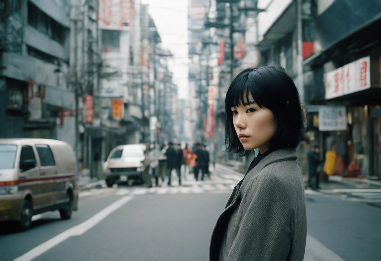 Beautiful petite young Japan woman, 28 year old, Short black hair,Floppy hair, Cold, (Investigative Journalist:1,5), Shibuya, photojournalism, 35 mm, Kodak Gold 200, depth of fields, Materiality