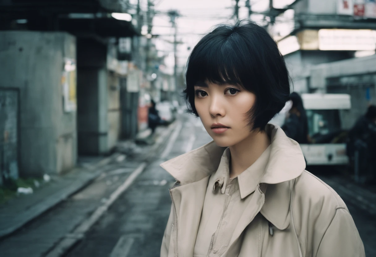 Beautiful petite young Japan woman, 28 year old, Short black hair,Floppy hair, Cold, (Investigative Journalist:1,5), Shibuya, photojournalism, 35 mm, Kodak Gold 200, depth of fields, Materiality