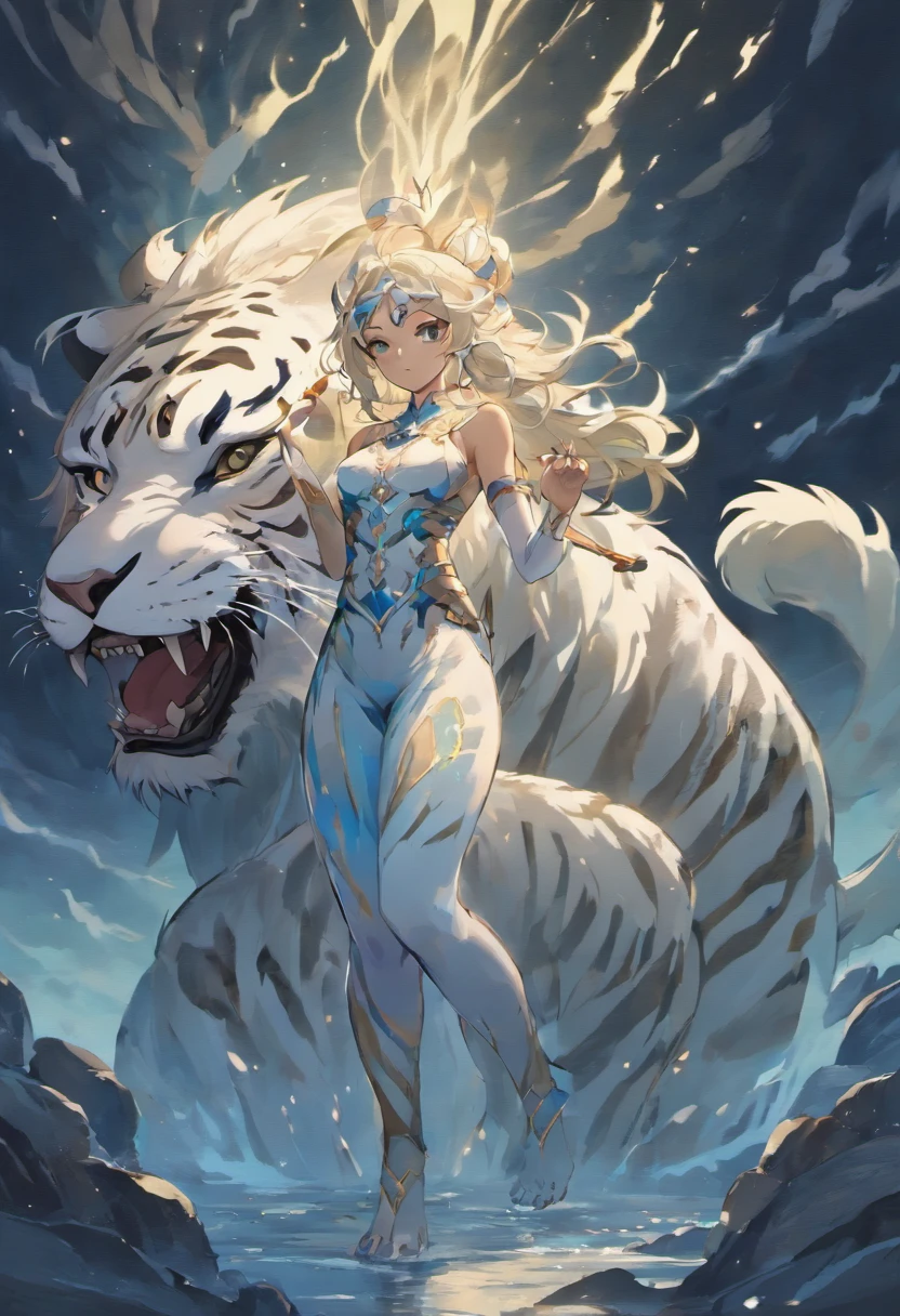 the white tiger,mythological beasts,Mountain and Sea Sutra,Handsome,monochrome,ethereal,painted effect,strong contrast,detail,expressive brushwork,vibrant colors,ambient lighting,striking composition,sharp focus,impressive scale,imposing presence,transcendent power,twilight shading,ominous atmosphere,dynamic energy,awe-inspiring,ferocious yet graceful,tension between tranquility and power,sublime beauty,majestic aura,embodying ancient wisdom,mythical guardian,twists of fate,starry night sky,mystical allure,tiger's watchful eyes,prowess and majesty,wisps of clouds,serene and commanding