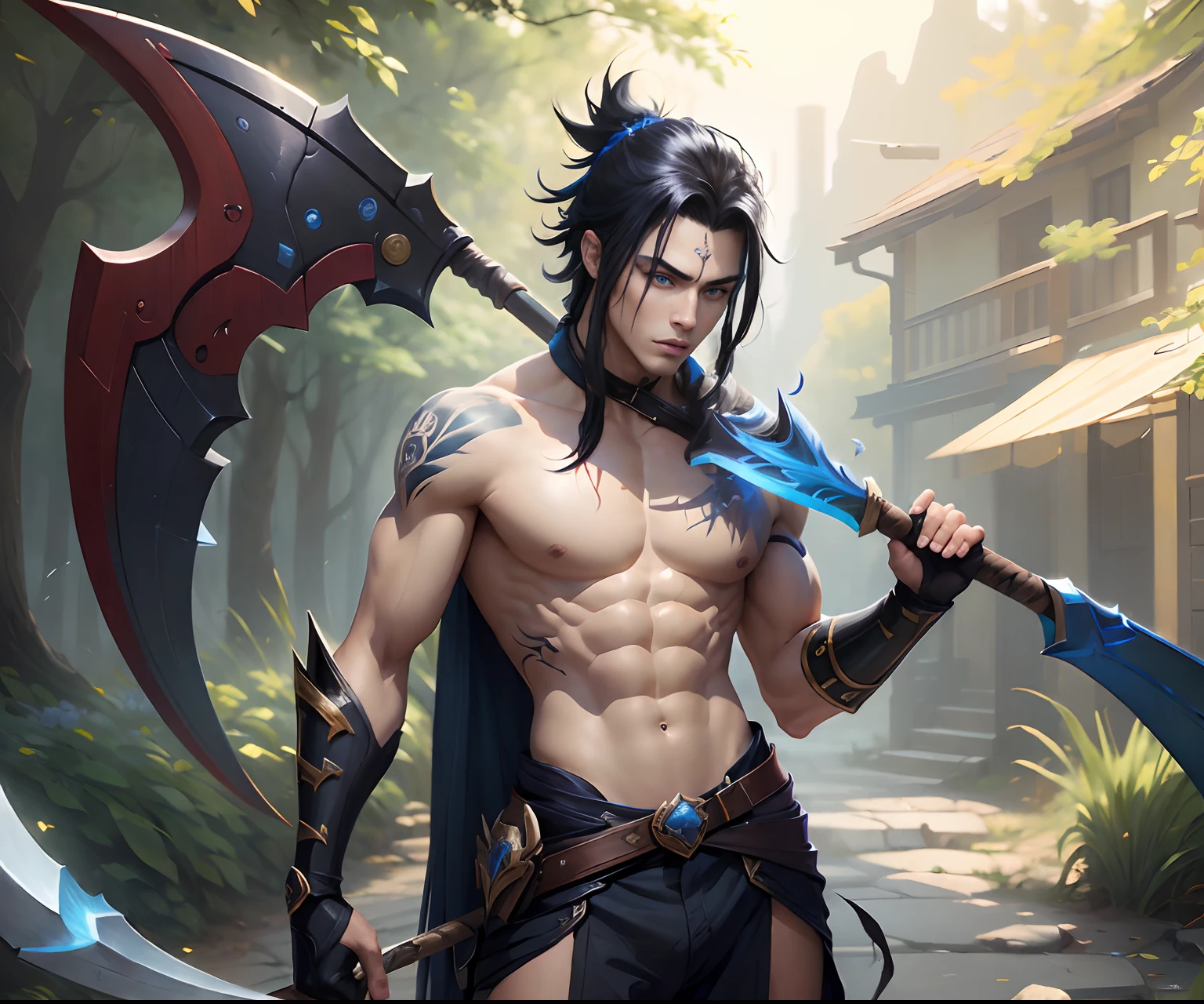 highly detailed, beautiful, small details, ultra detailed, best quality, digital illustration, detailed, intricate, 4k, good anatomy, intricate details, masterpiece, (illustration:1.1), highres, masterpiece, detailed shadows, amazing detail, detailed eyes, yasuo, league of legends, yasuo_(league_of_legends), 1boy, weapon, male focus, sword, solo, sitting, long hair, ponytail, architecture, armor, east asian architecture, bird, sheath, katana, leaf, outdoors, mask, sheathed, holding, rock, scar