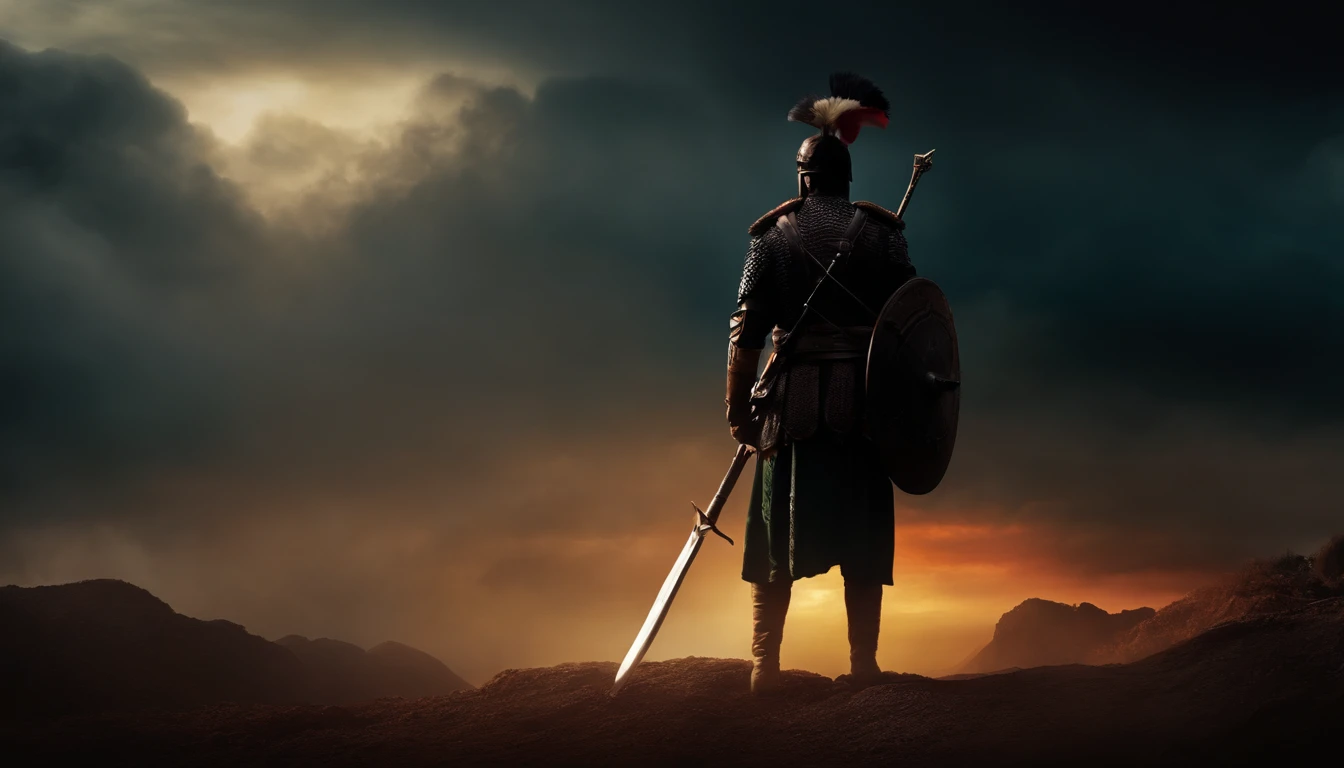 an image of an warrior, conquered his mind, silhoutte, war scene, dark and gloomy