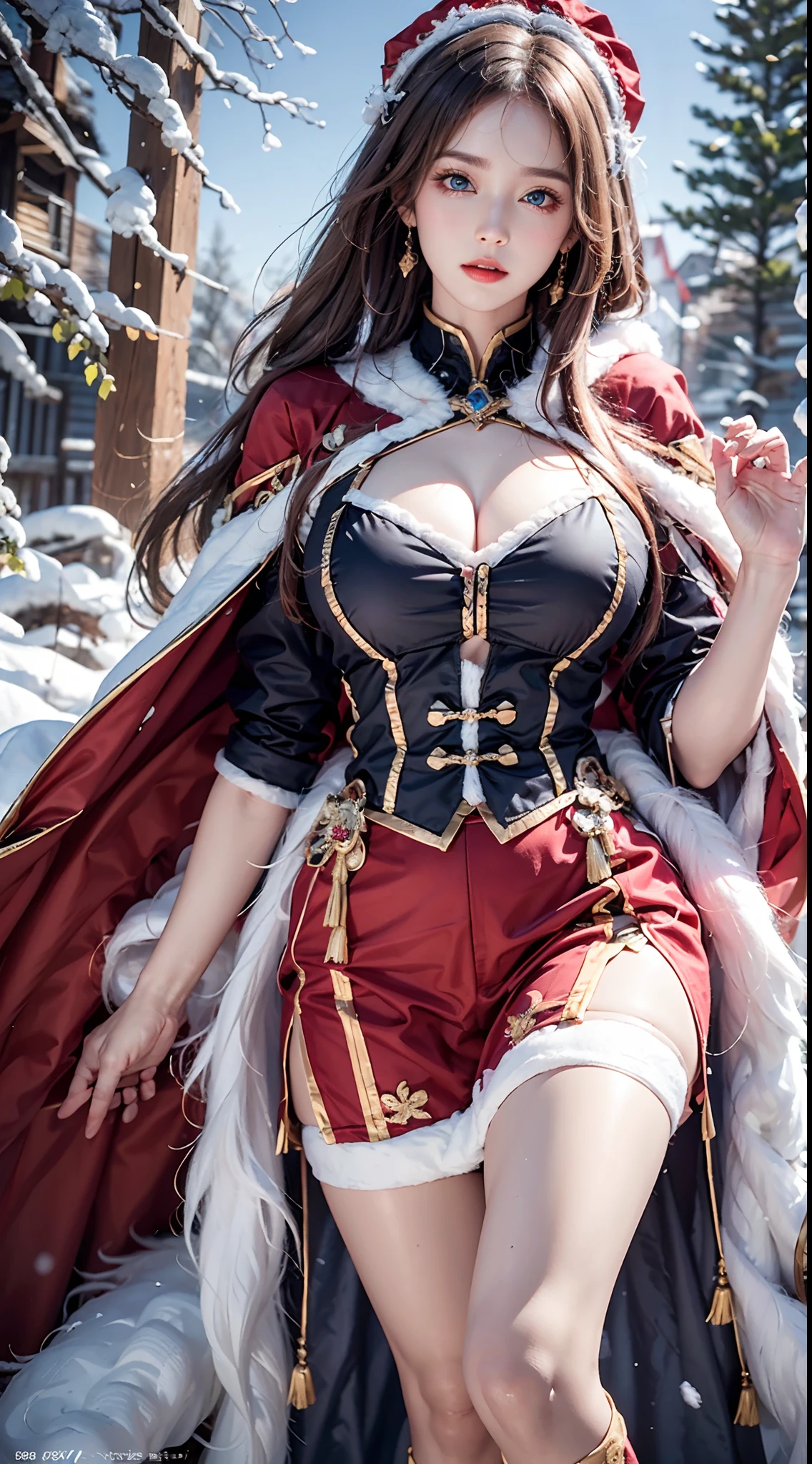 photorealistic, masterpiece, photorealistic, high resolution, soft light, hips up, (Lolita costume)，Gorgeous costumes，Face the audience，(The upper part of the body，upper legs)， beautidful eyes, Brown hair, ringed eyes, (outside，Heavy snowfall，Thick fur cape，Cover with snow)，snowfield，Blue eyes