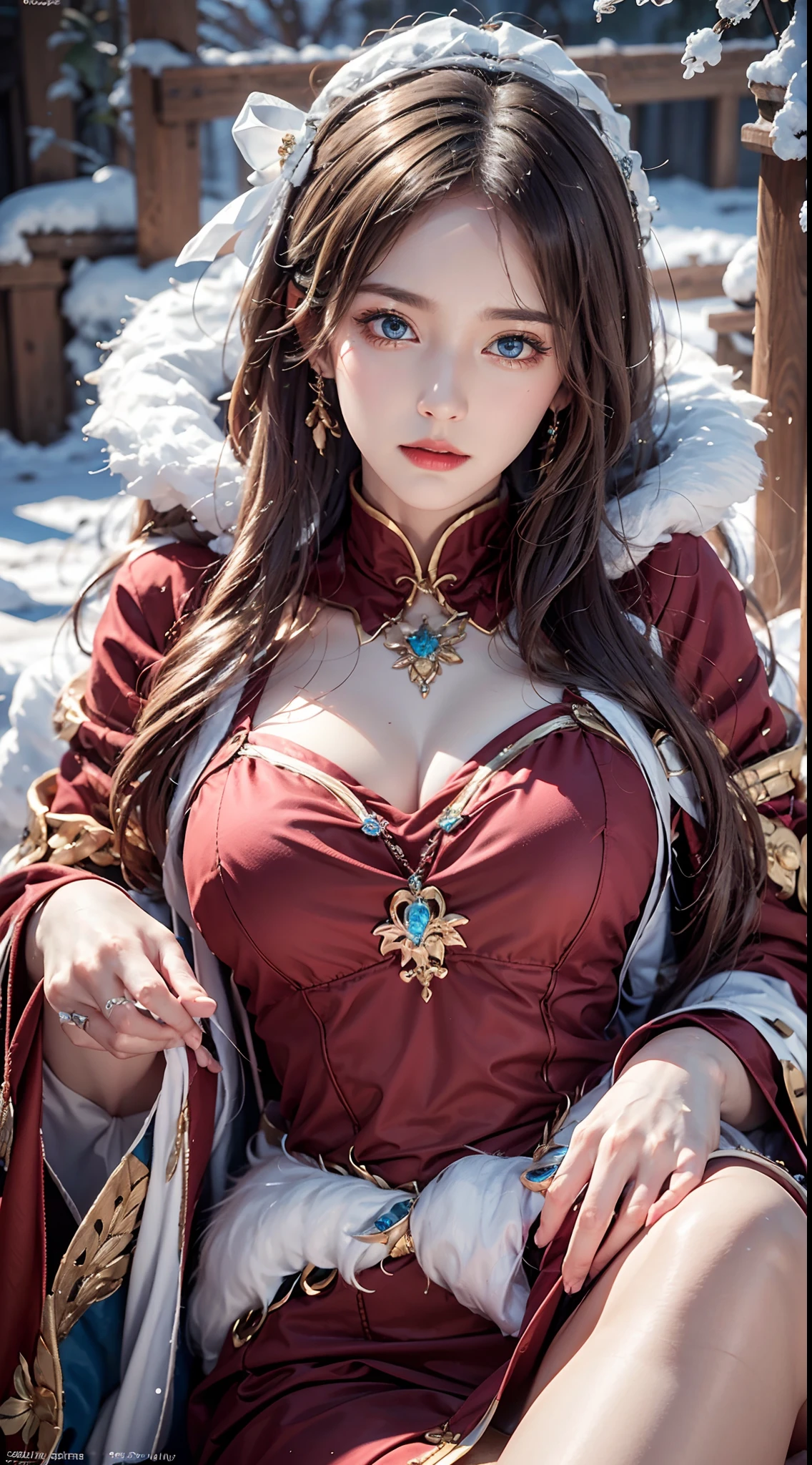 Photorealistic, high resolution, Soft light,1womanl, Solo, Hips up, shiny skins, (Detailed face),tattoo, jewelry, Winter hanfu, Cloak, Snow, Night, Wavy hair, Beautiful soldiers, Grab the audience's eye, Lover's perspective, Invitation expression, Sexy smile, Perfect style, Perfect balance, Detailed skin, mischievous gaze, chest visible